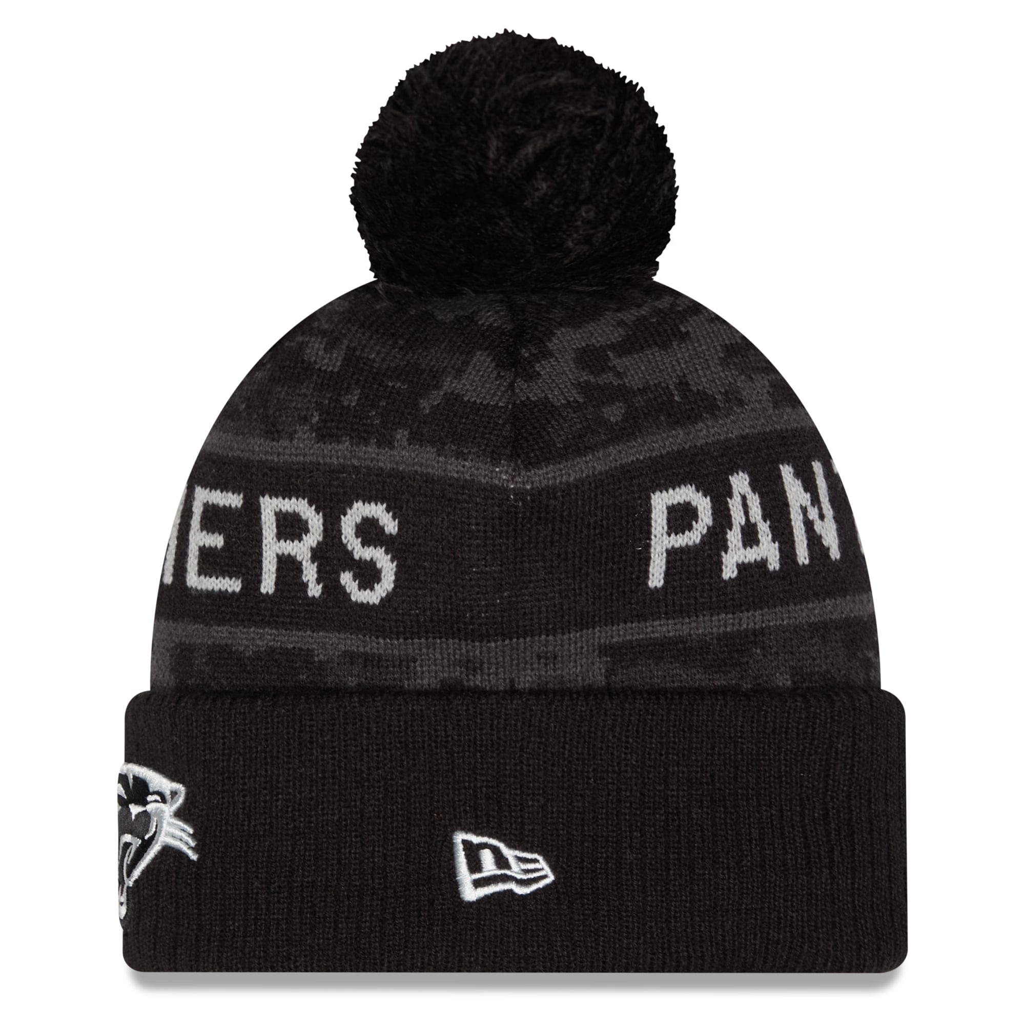 Bonnet à revers pour homme New Era noir Carolina Panthers 2026 Salute To Service avec pompon
