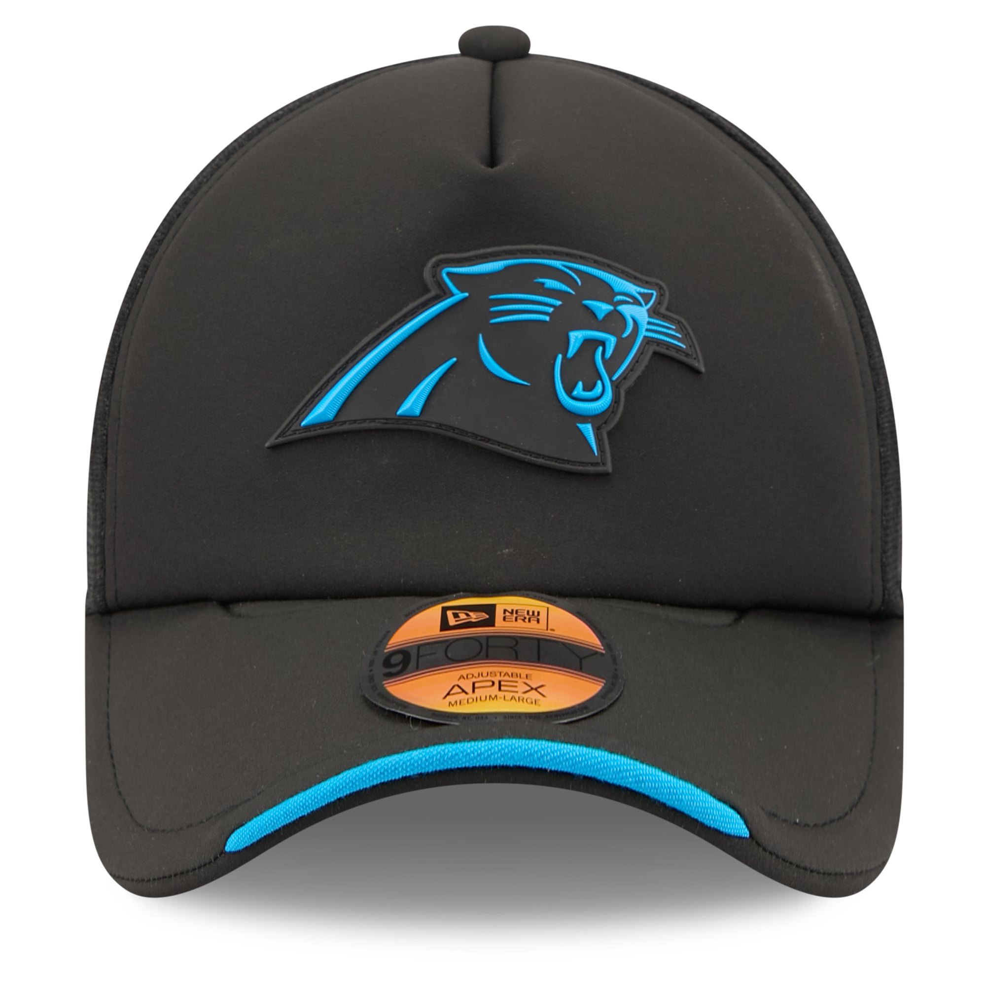 Men's New Era Black Carolina Panthers 2026 Sideline Apex 9FORTY Adjustable Trucker Hat