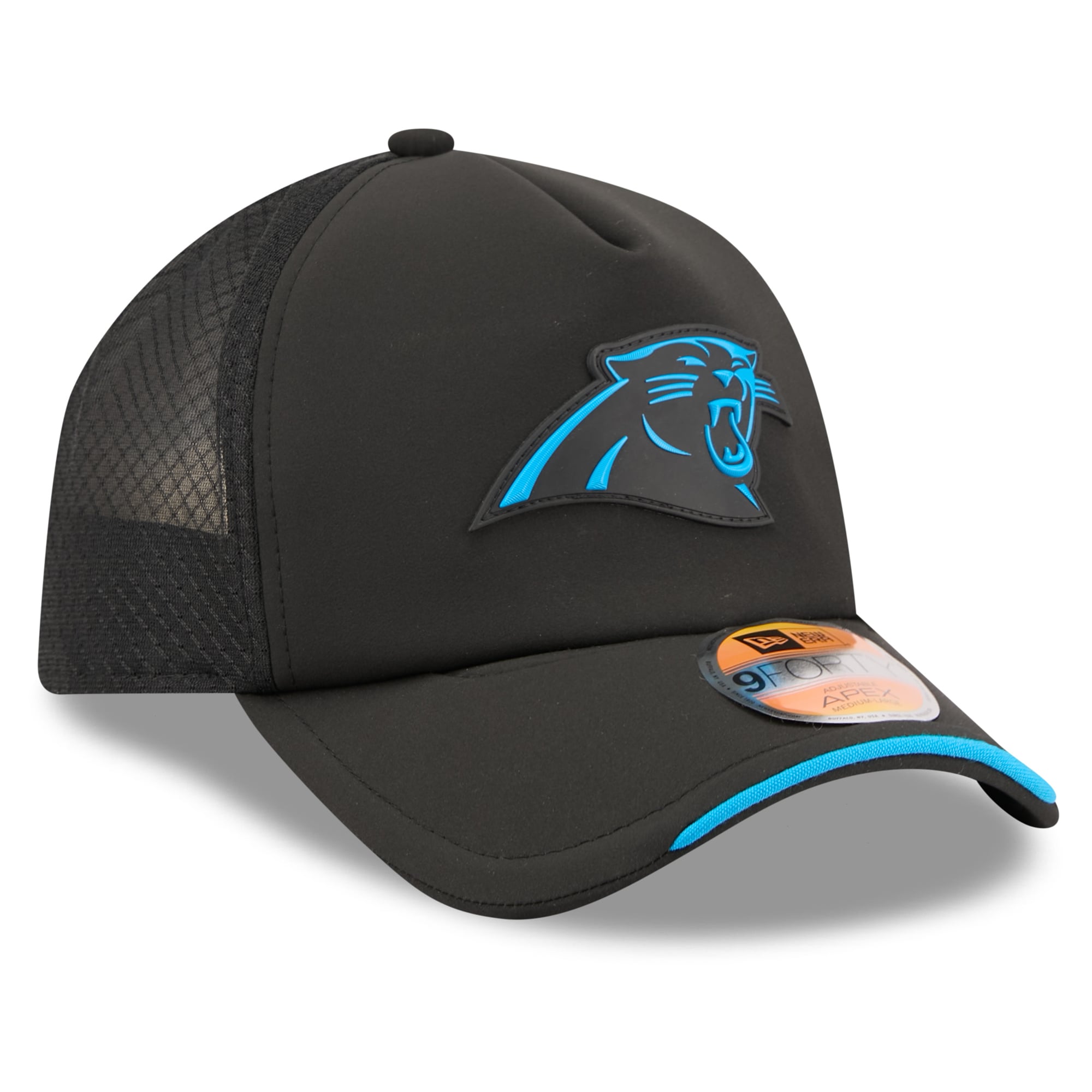 Men's New Era Black Carolina Panthers 2026 Sideline Apex 9FORTY Adjustable Trucker Hat