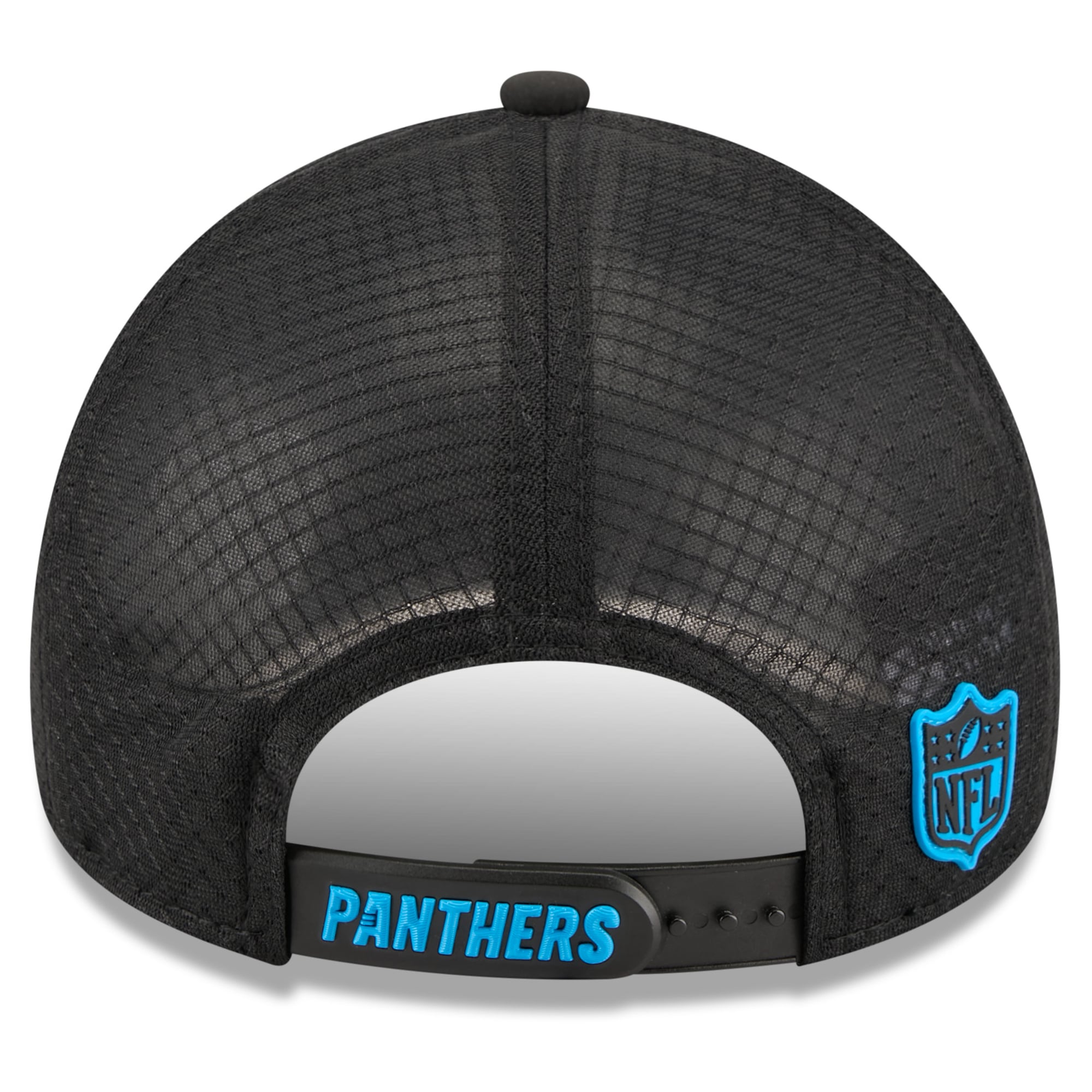 Men's New Era Black Carolina Panthers 2026 Sideline Apex 9FORTY Adjustable Trucker Hat