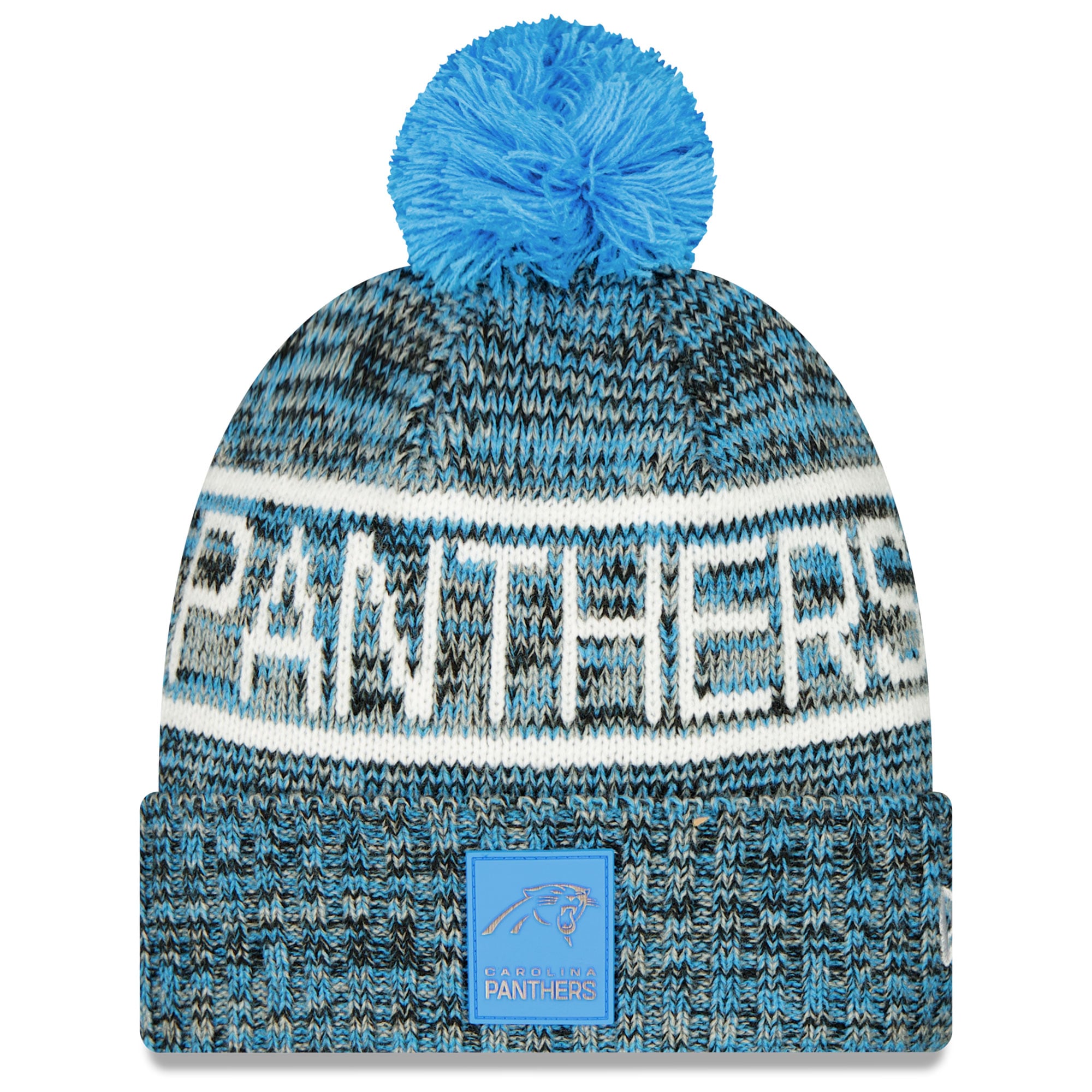 Bonnet en tricot à revers avec pompon bleu Carolina Panthers 2025 de New Era pour homme