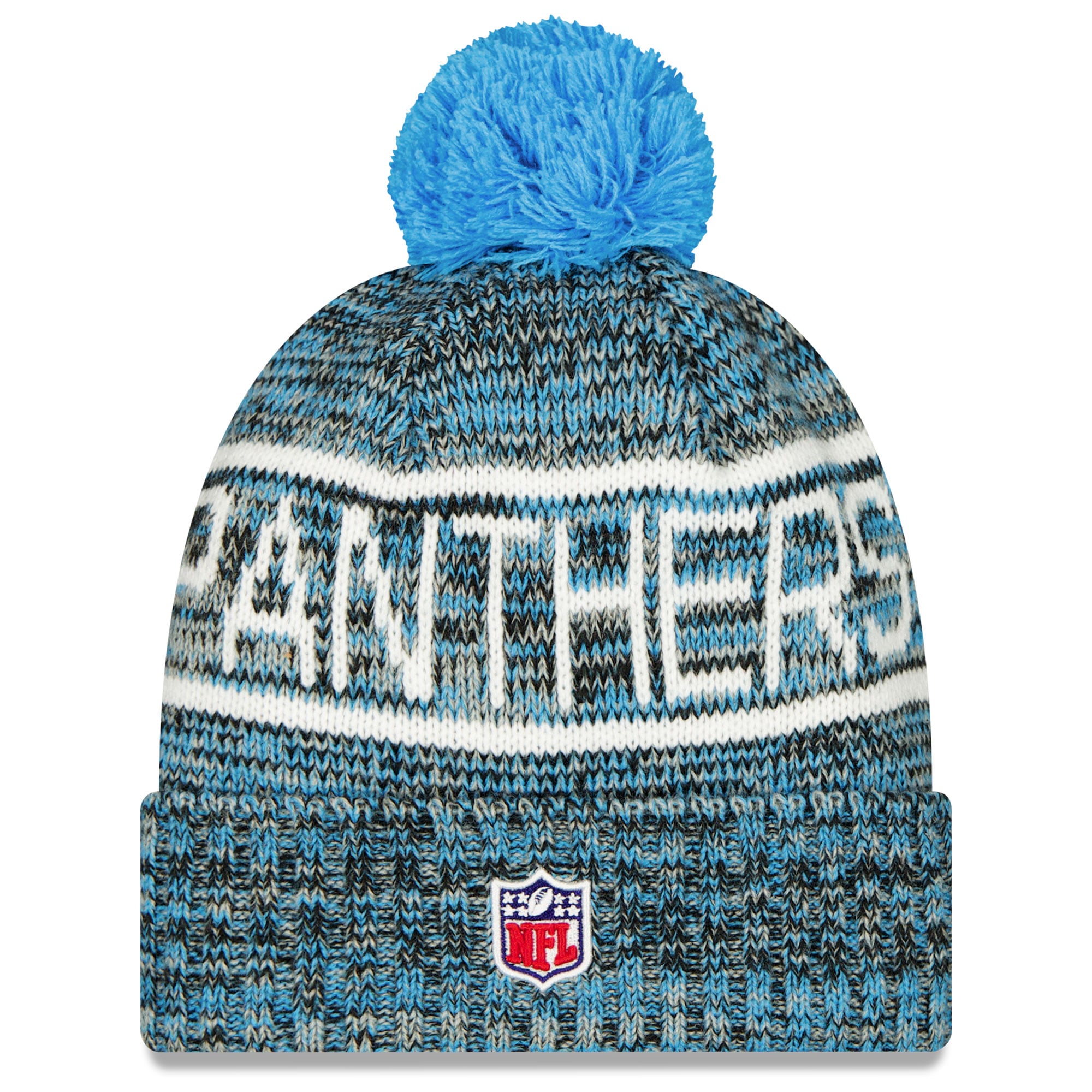 Bonnet en tricot à revers avec pompon bleu Carolina Panthers 2025 de New Era pour homme