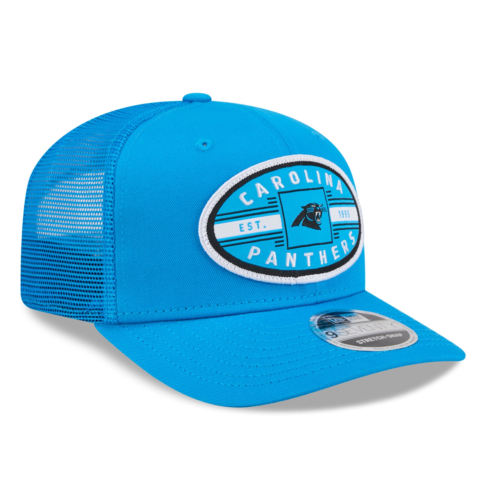 Casquette trucker New Era bleue Carolina Panthers pour homme (modèle 9SEVENTY)