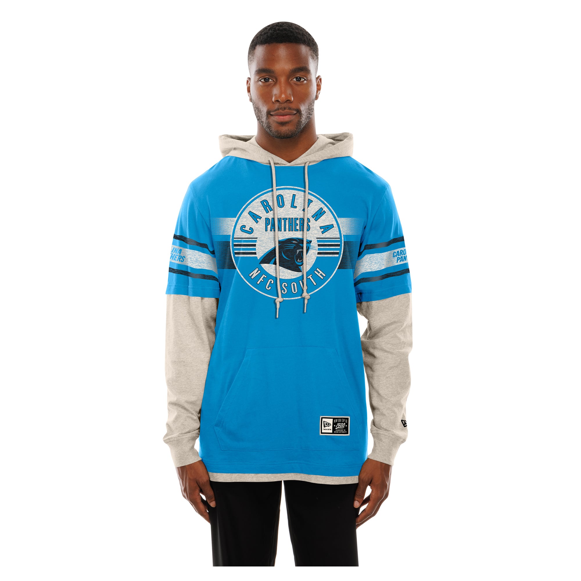 T-shirt à capuche manches longues superposées New Era bleu Carolina Panthers pour homme