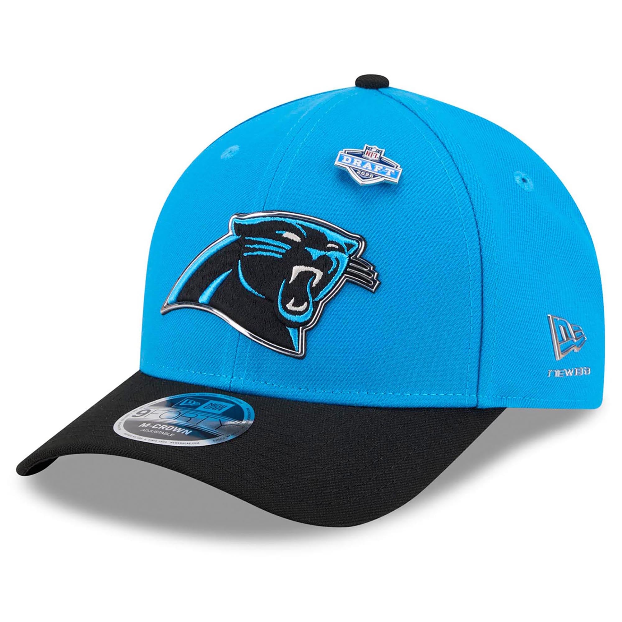 Casquette ajustable New Era bleue/noire Carolina Panthers, repêchage NFL 2026, modèle 9FORTY M-Crown