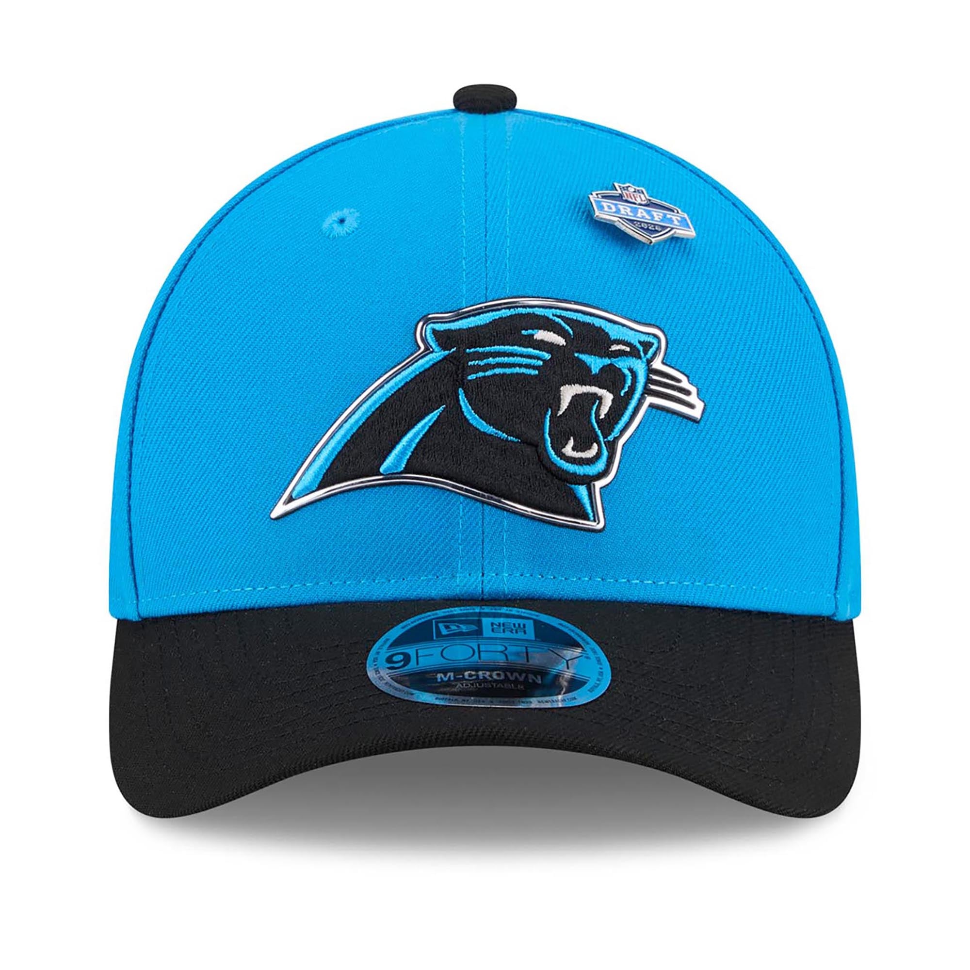 Casquette ajustable New Era bleue/noire Carolina Panthers, repêchage NFL 2026, modèle 9FORTY M-Crown