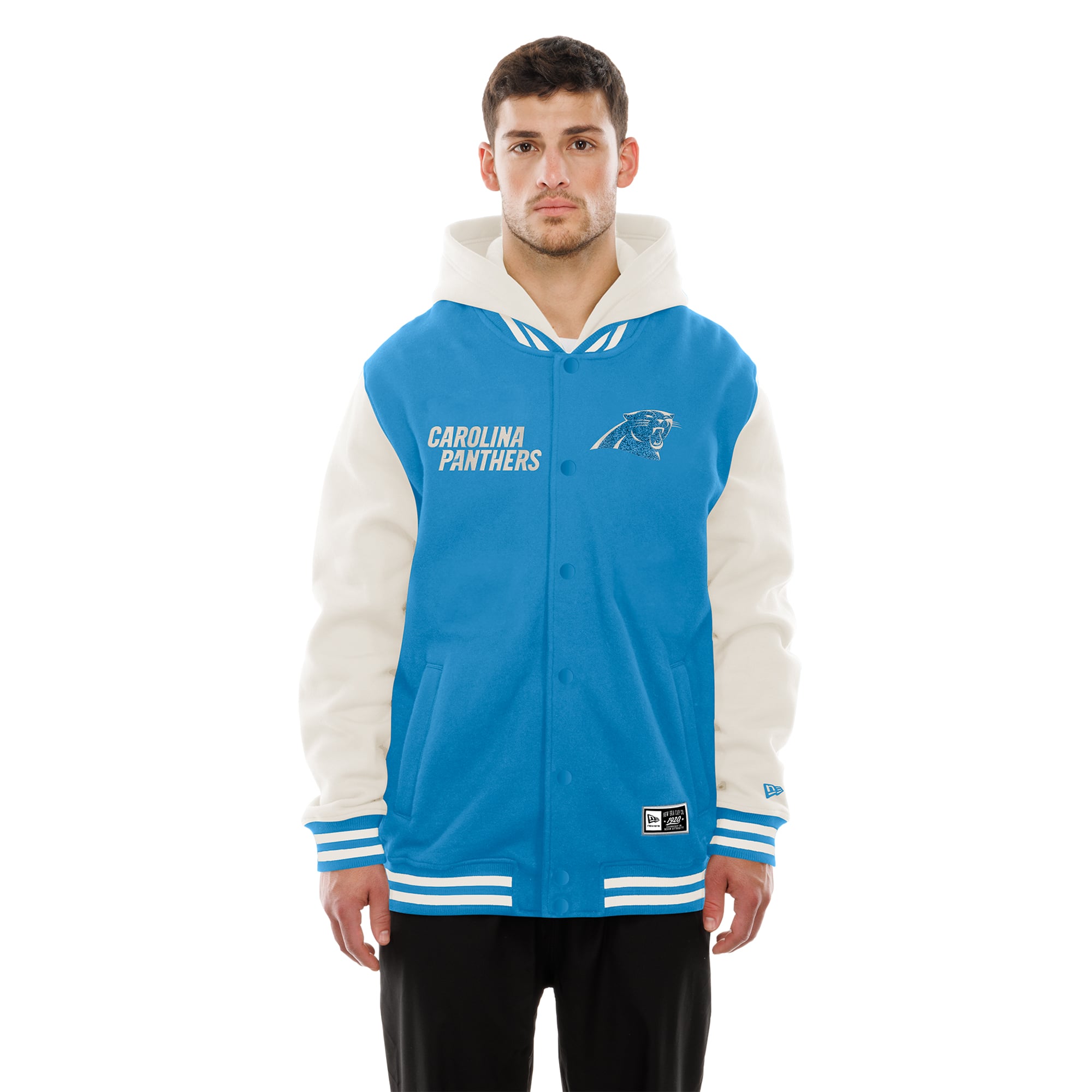 Veste polaire à capuche New Era bleue et crème Carolina Panthers pour homme, fermeture boutons-pression.