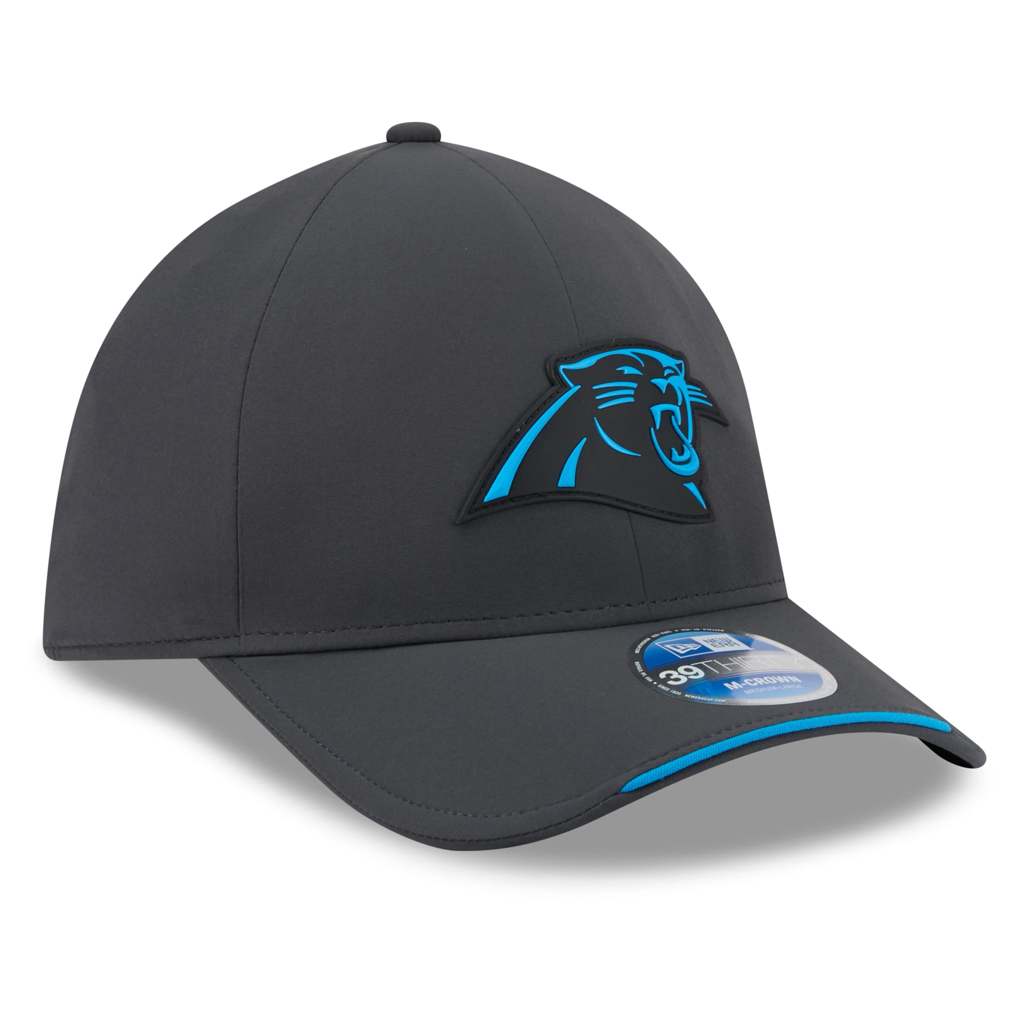 Casquette extensible New Era 39THIRTY M-Crown, couleur anthracite, Carolina Panthers, édition limitée 2026, idéale pour les temps froids.