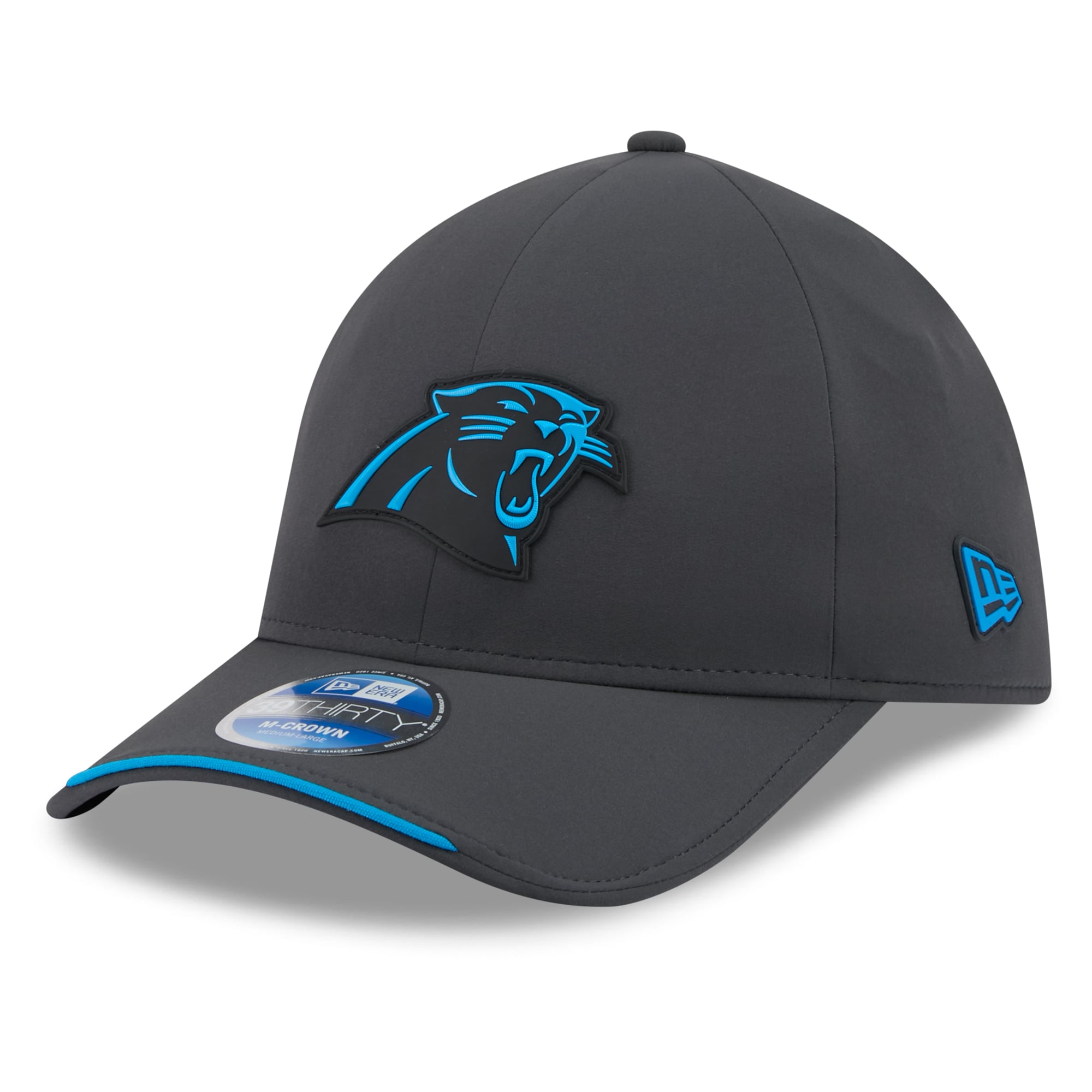 Casquette extensible New Era 39THIRTY M-Crown, couleur anthracite, Carolina Panthers, édition limitée 2026, idéale pour les temps froids.