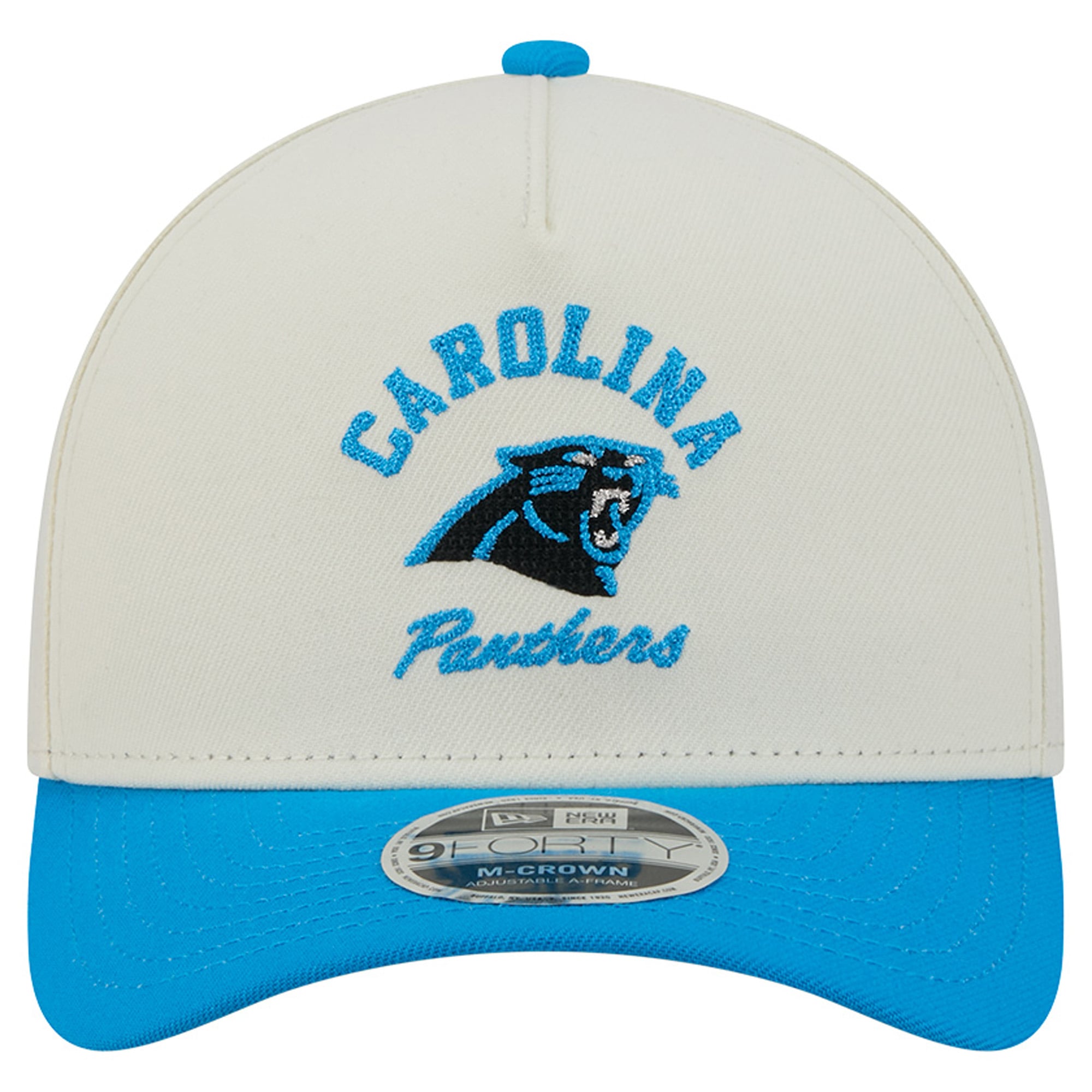 Casquette ajustable New Era Arch 9FORTY A-Frame M-Crown pour homme, crème/bleue, Carolina Panthers