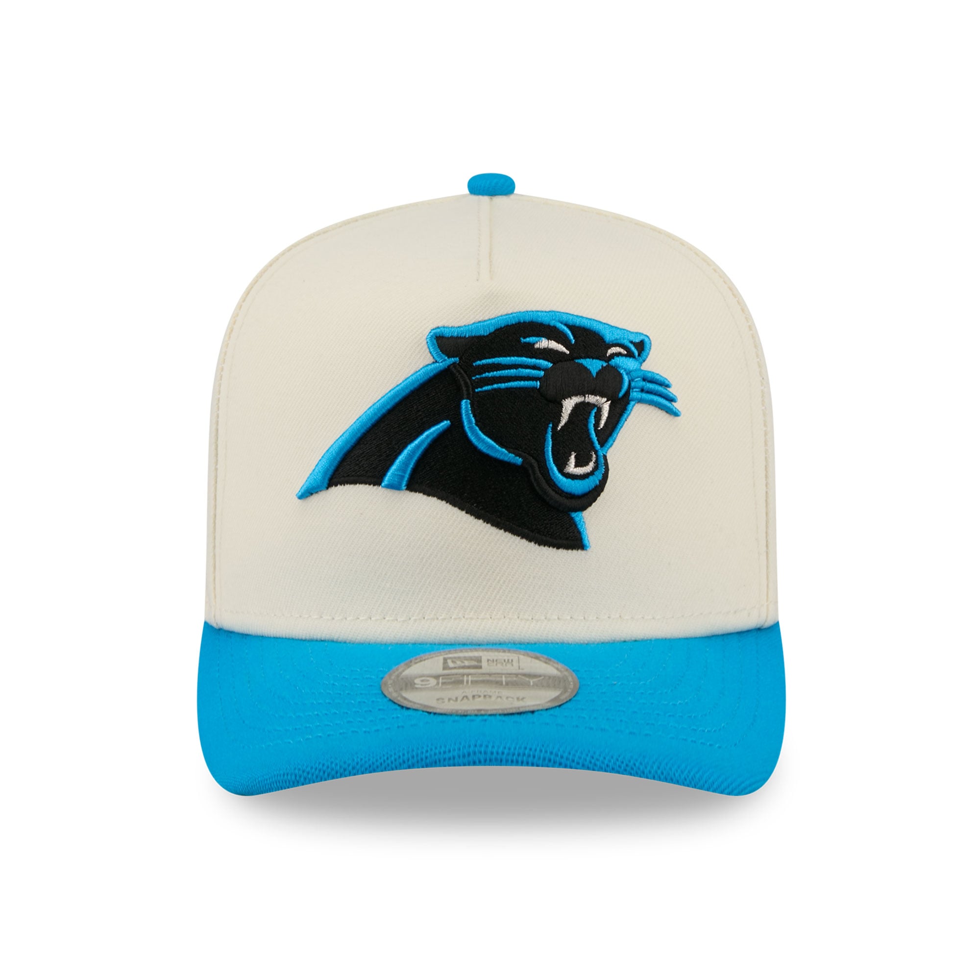 Casquette snapback New Era 9FIFTY crème/bleue pour homme, logo Carolina Panthers à l'arrière.