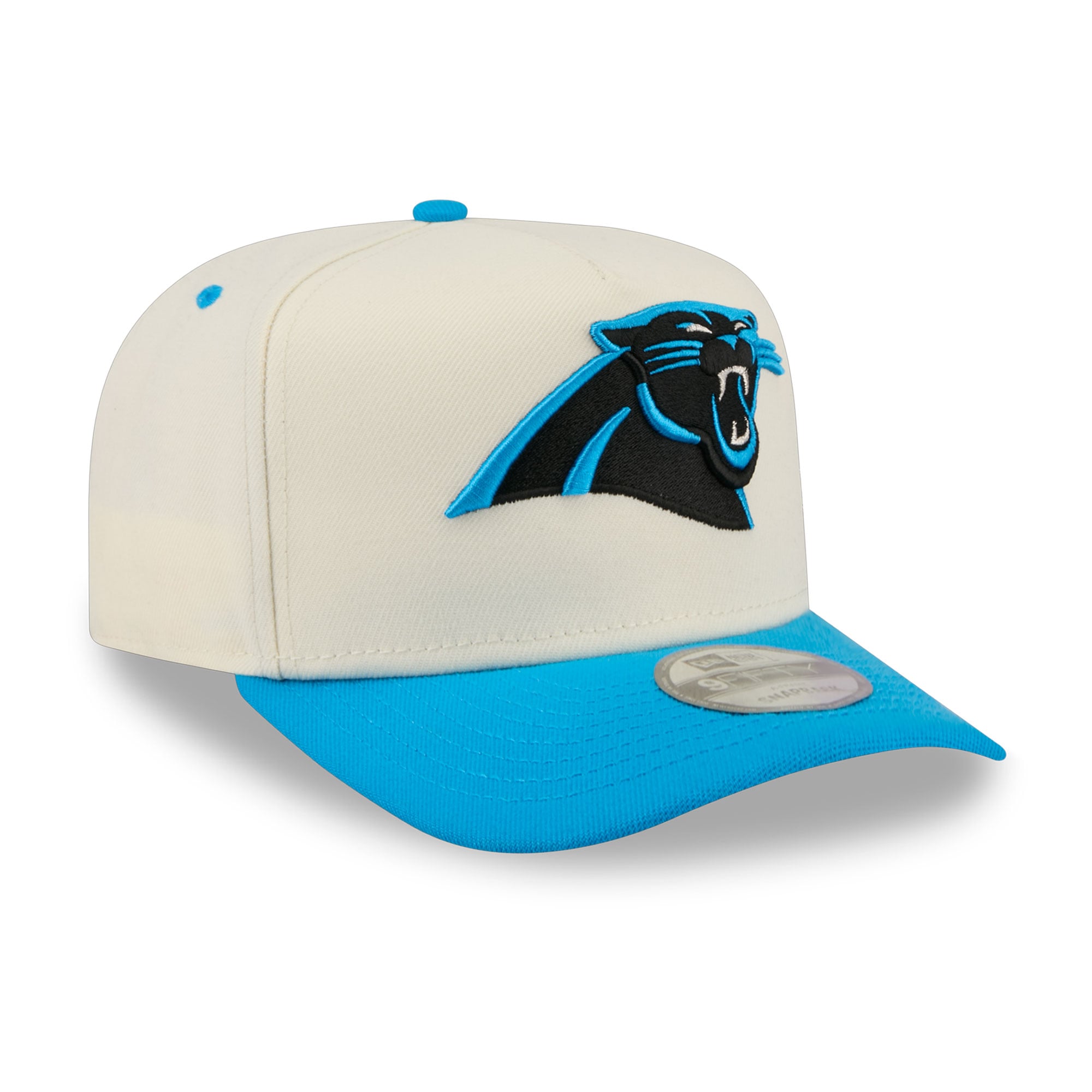 Casquette snapback New Era 9FIFTY crème/bleue pour homme, logo Carolina Panthers à l'arrière.