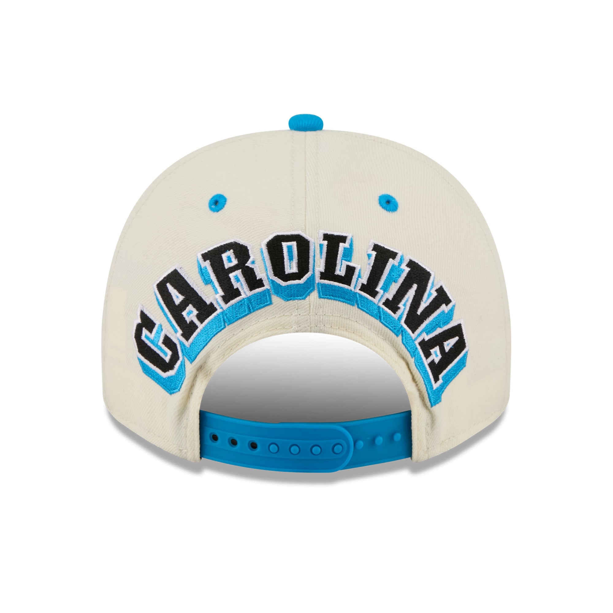 Casquette snapback New Era 9FIFTY crème/bleue pour homme, logo Carolina Panthers à l'arrière.