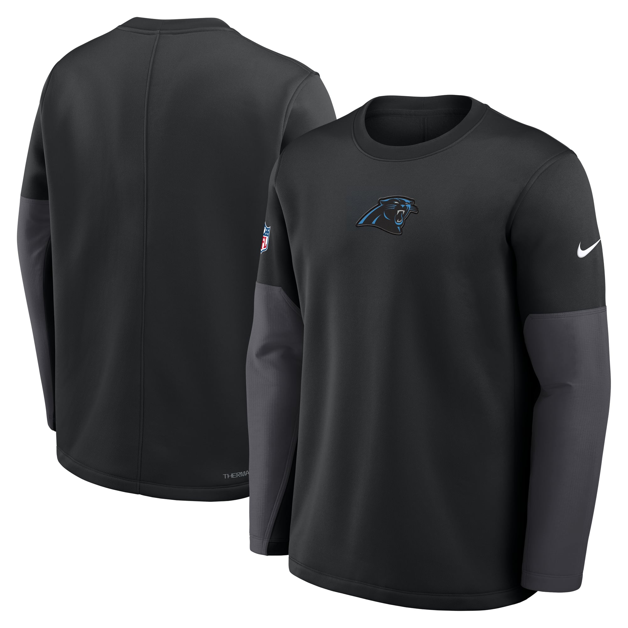 Men's Nike Black Carolina Panthers Sideline Coaches Midweight Therma-FIT Crew Pullover