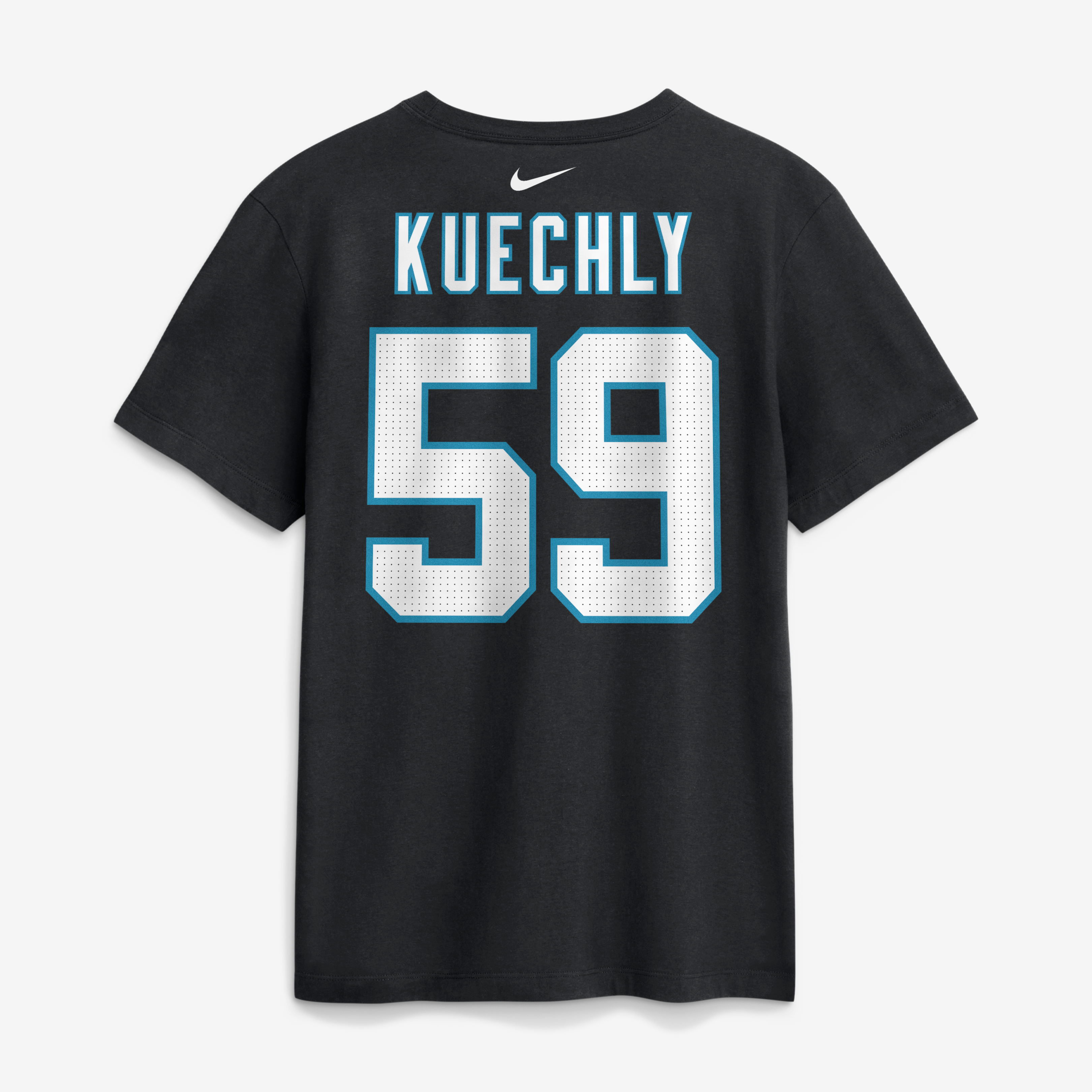 T-shirt Nike pour homme avec le nom et numéro retirés de Luke Kuechly, joueur des Panthers la Caroline.