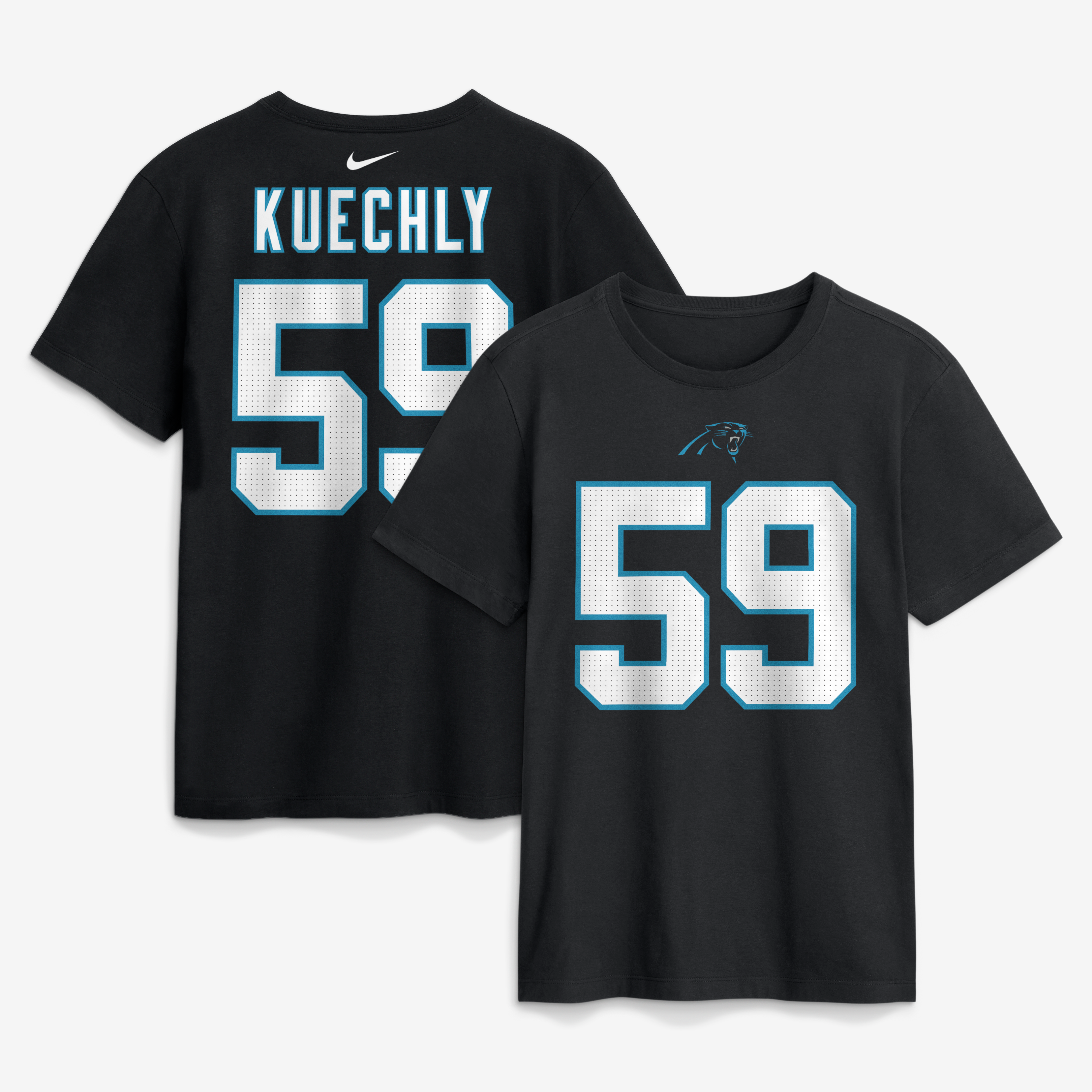 T-shirt Nike pour homme avec le nom et numéro retirés de Luke Kuechly, joueur des Panthers la Caroline.