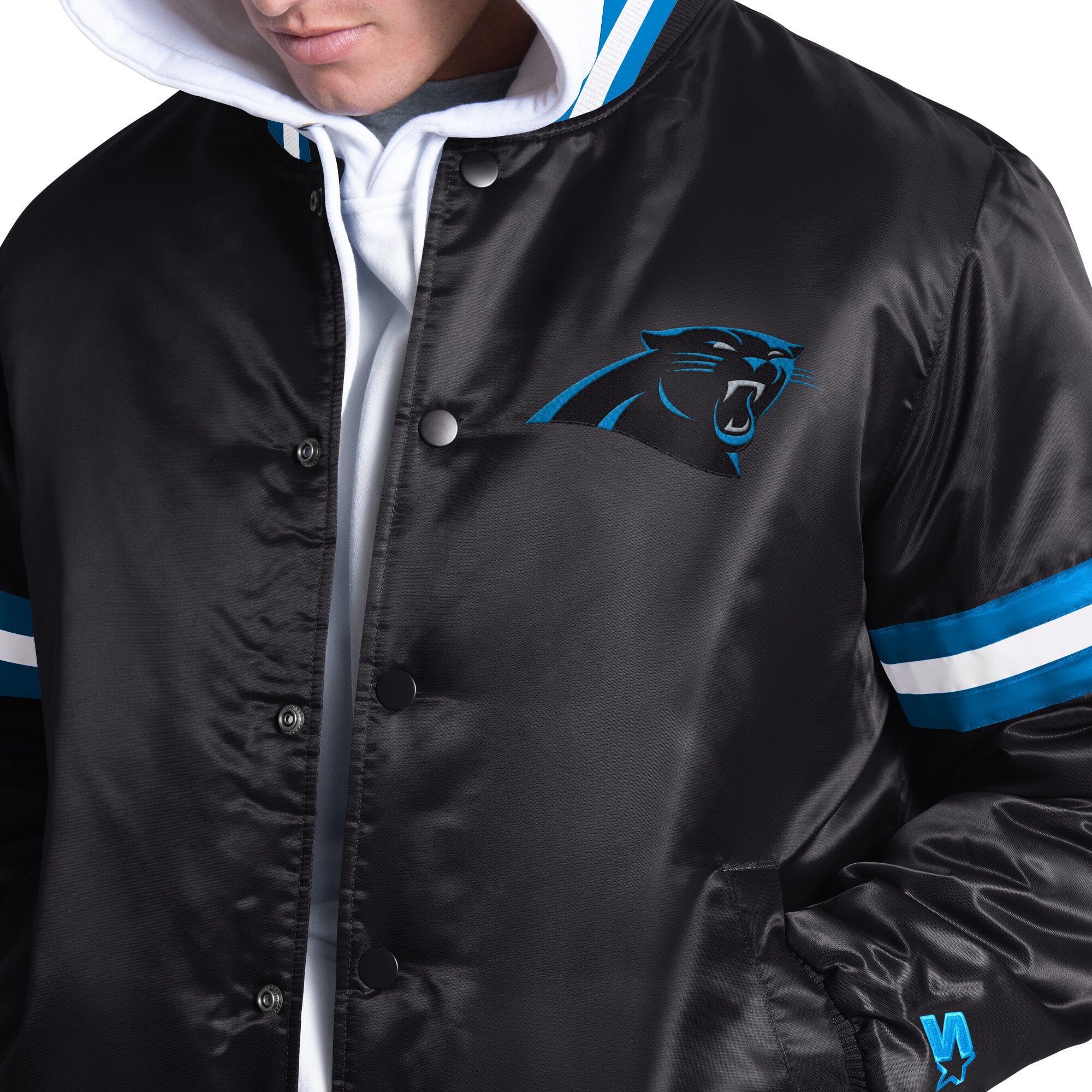 Veste universitaire Starter noire pour homme, modèle Courtside des Panthers de la Caroline, à boutons-pression.