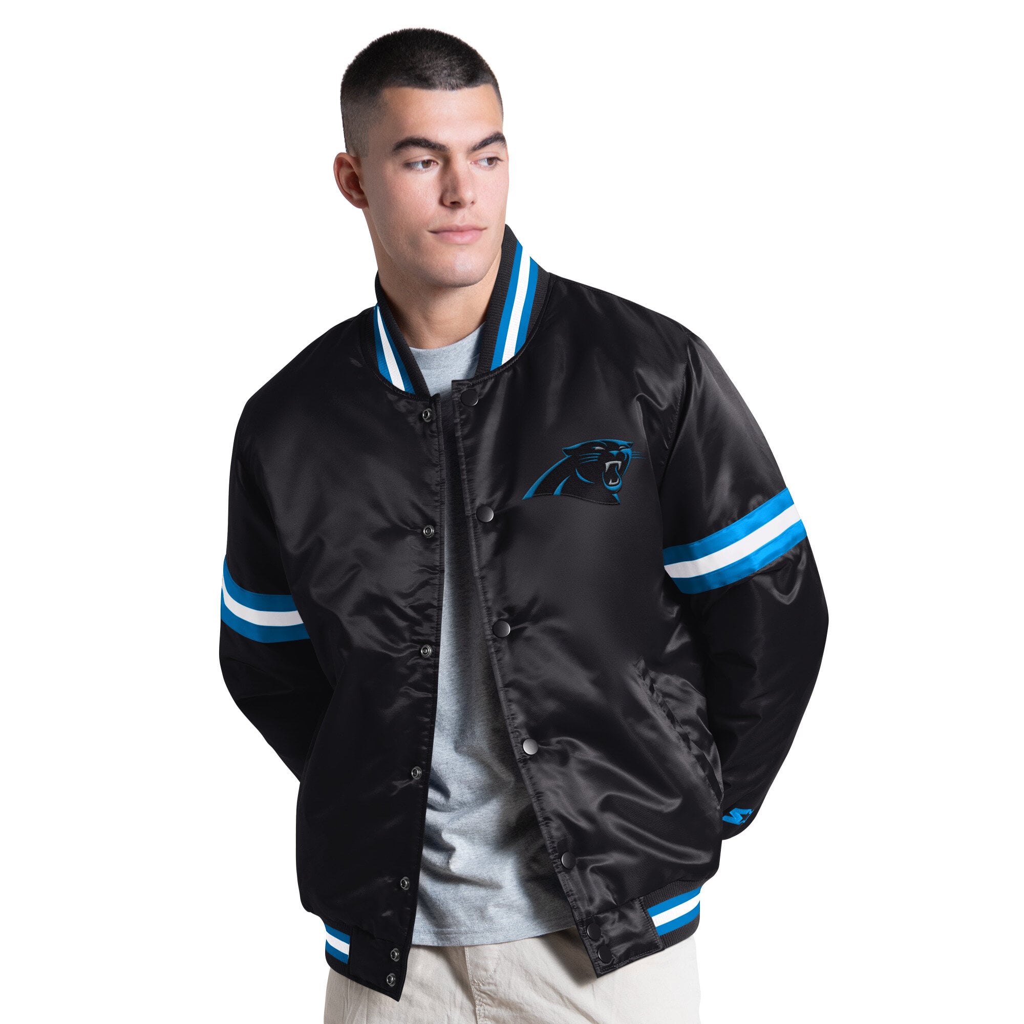 Veste universitaire Starter noire pour homme, modèle Courtside des Panthers de la Caroline, à boutons-pression.