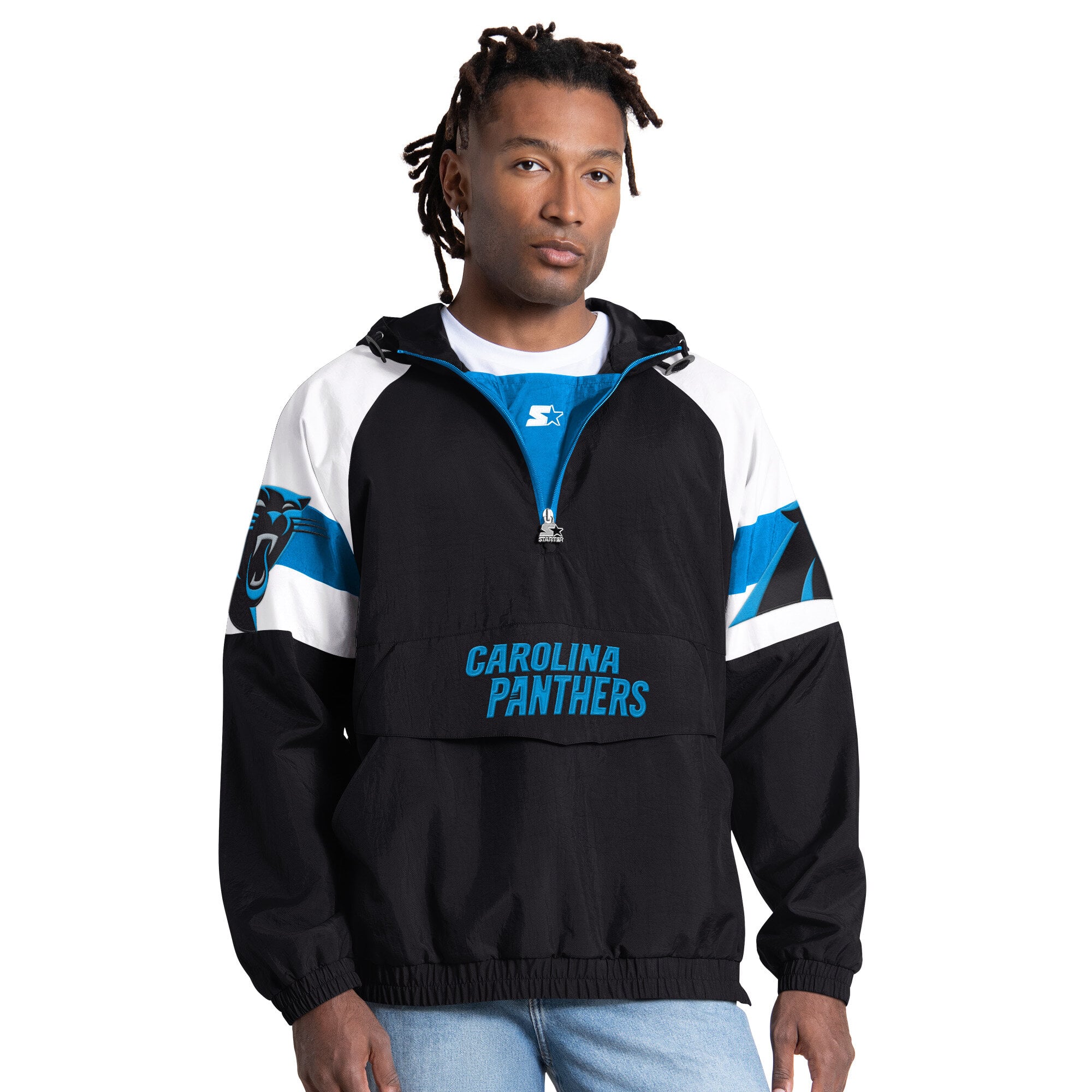 Men's Starter Black Carolina Panthers Street Cut Half-Zip Jacket