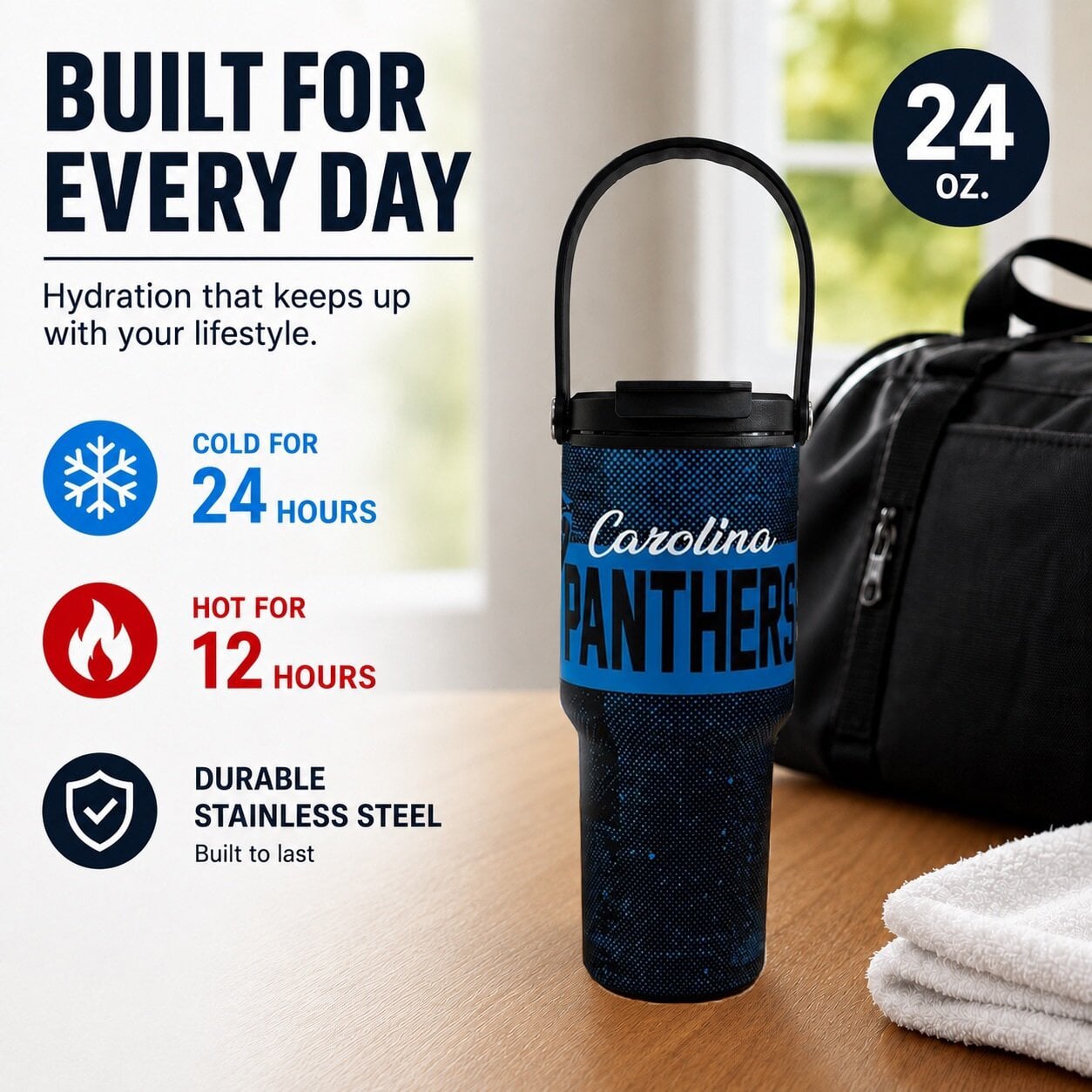 Gourde Pegasus Carolina Panthers 710 ml (24 oz) en acier inoxydable à double bouchon et motif moucheté dégradé