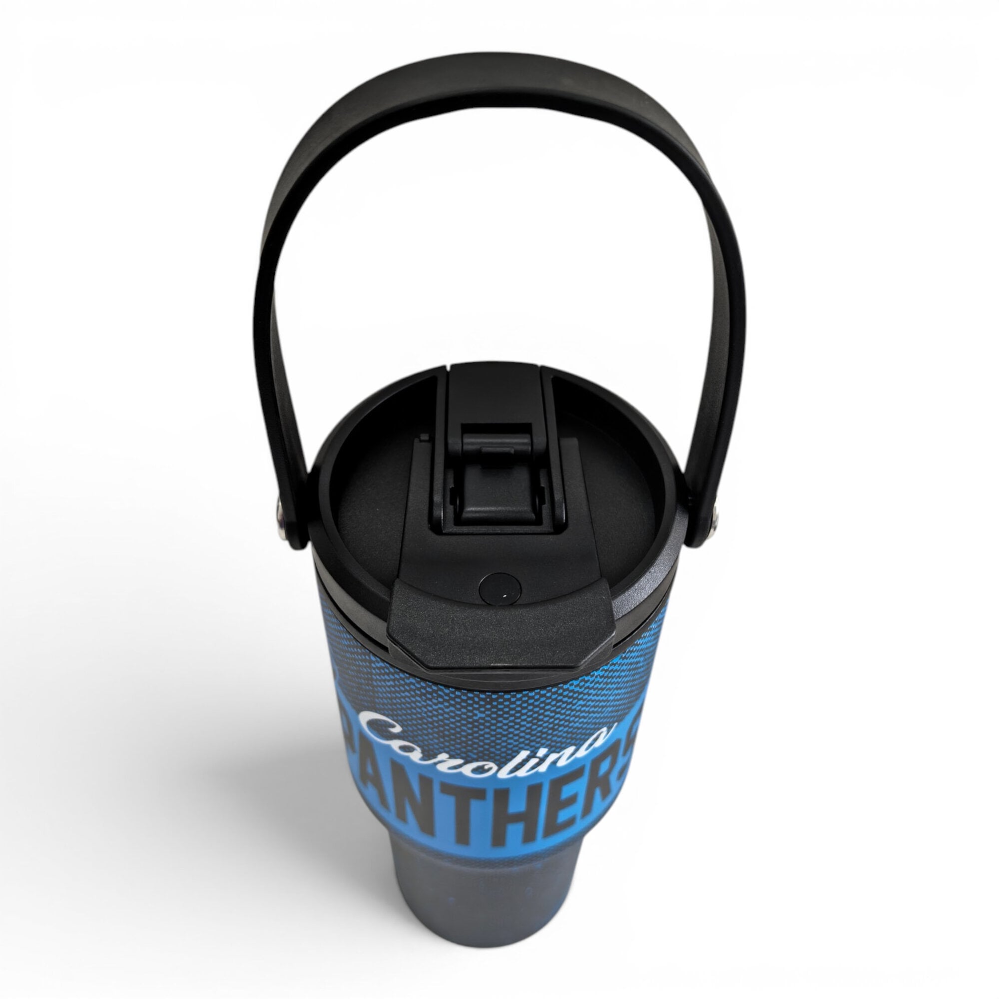 Gourde Pegasus Carolina Panthers 710 ml (24 oz) en acier inoxydable à double bouchon et motif moucheté dégradé