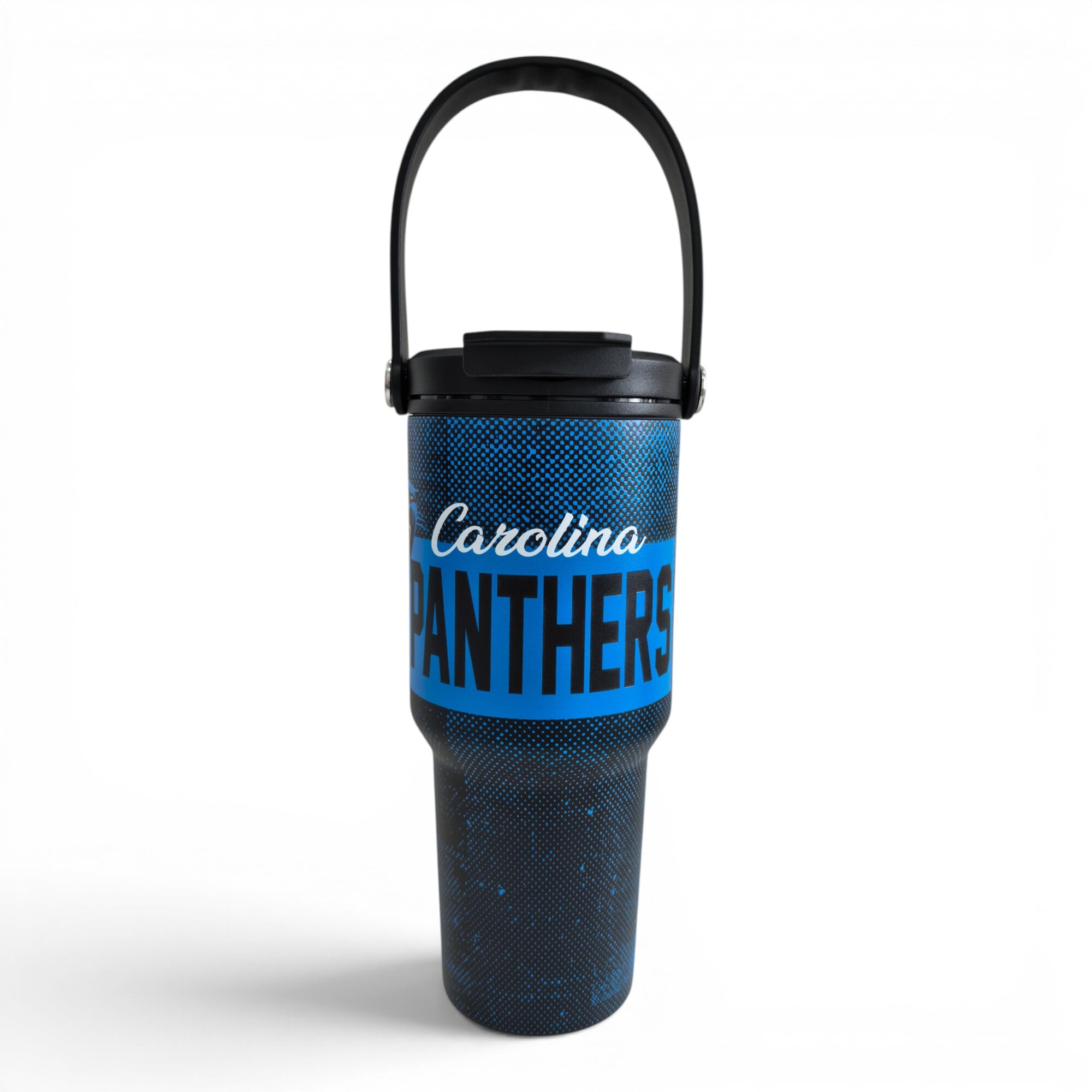 Gourde Pegasus Carolina Panthers 710 ml (24 oz) en acier inoxydable à double bouchon et motif moucheté dégradé