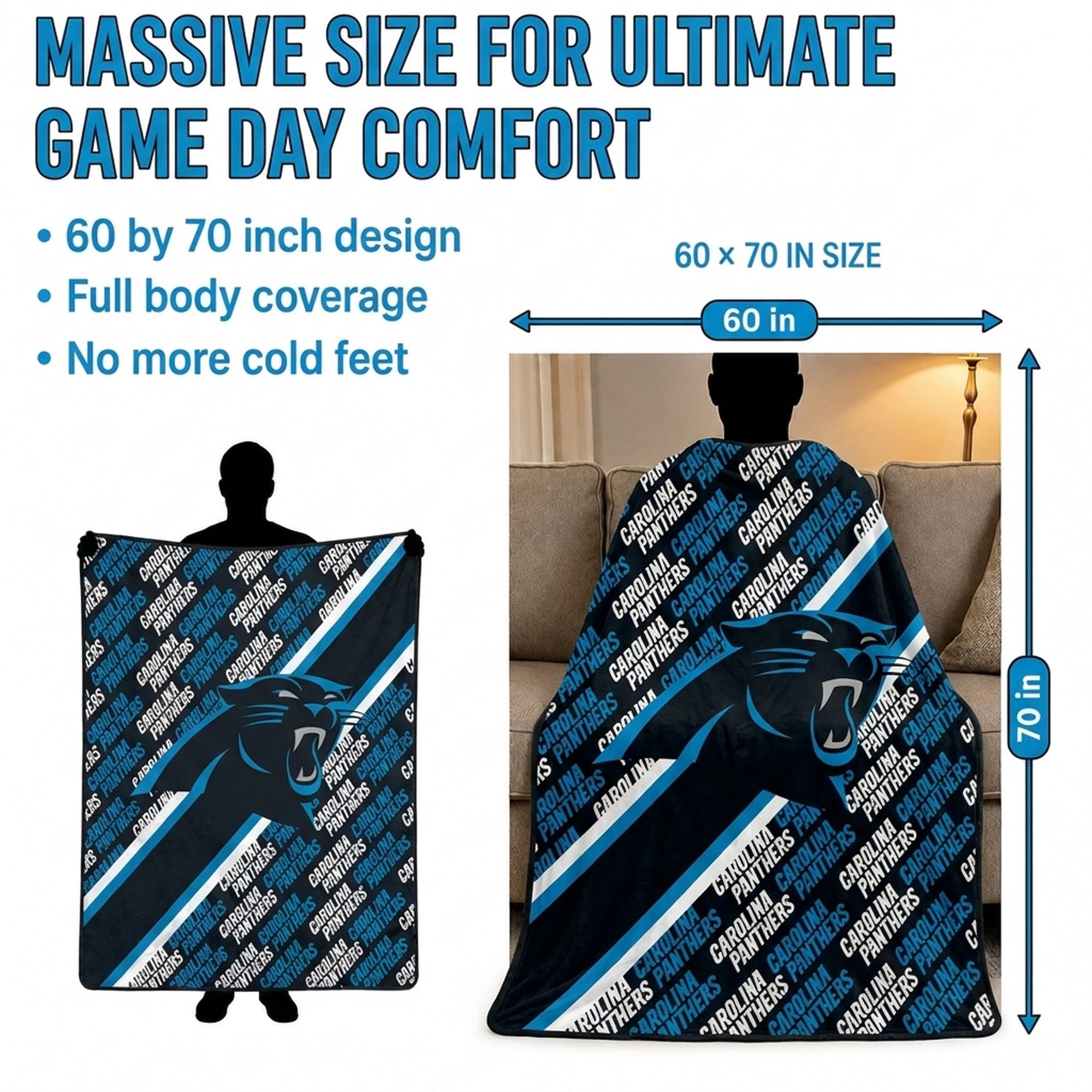 Pegasus Carolina Panthers 60" x 70" Diagonal Lined Wordmark Ultra Soft Blanket