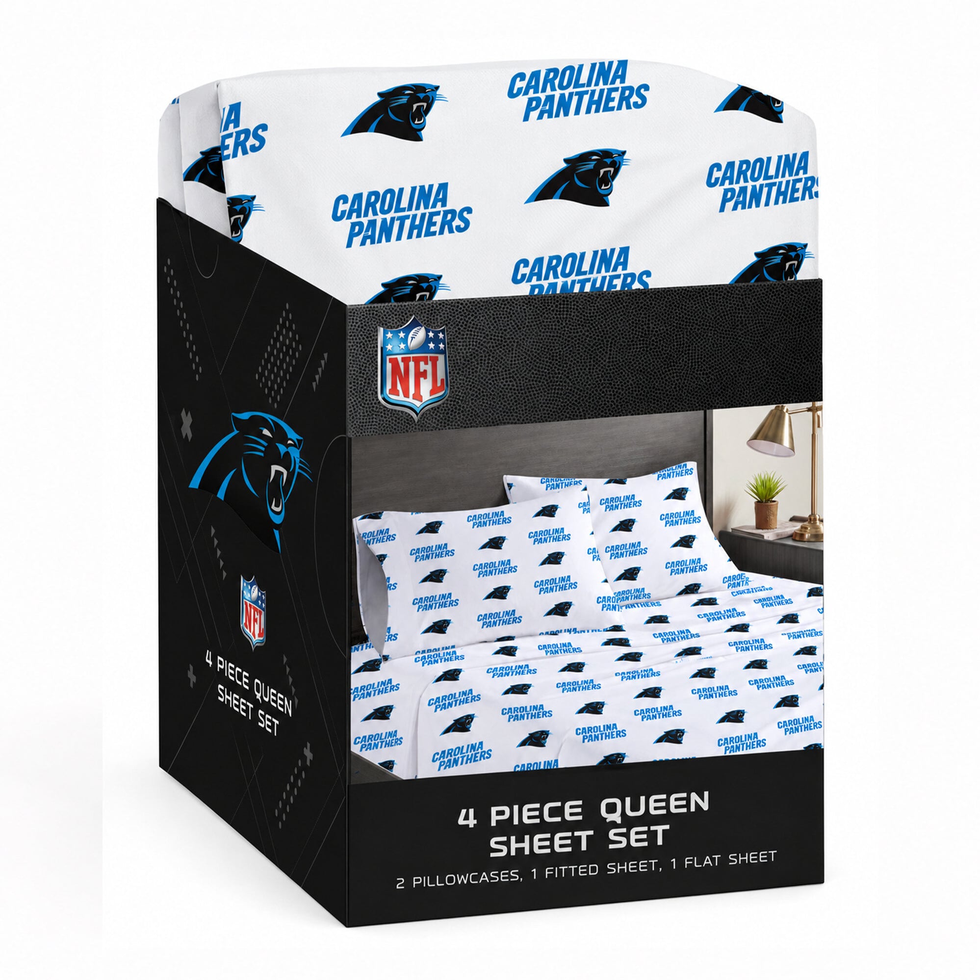 Ensemble de draps quatre pièces Pegasus Carolina Panthers pour lit queen