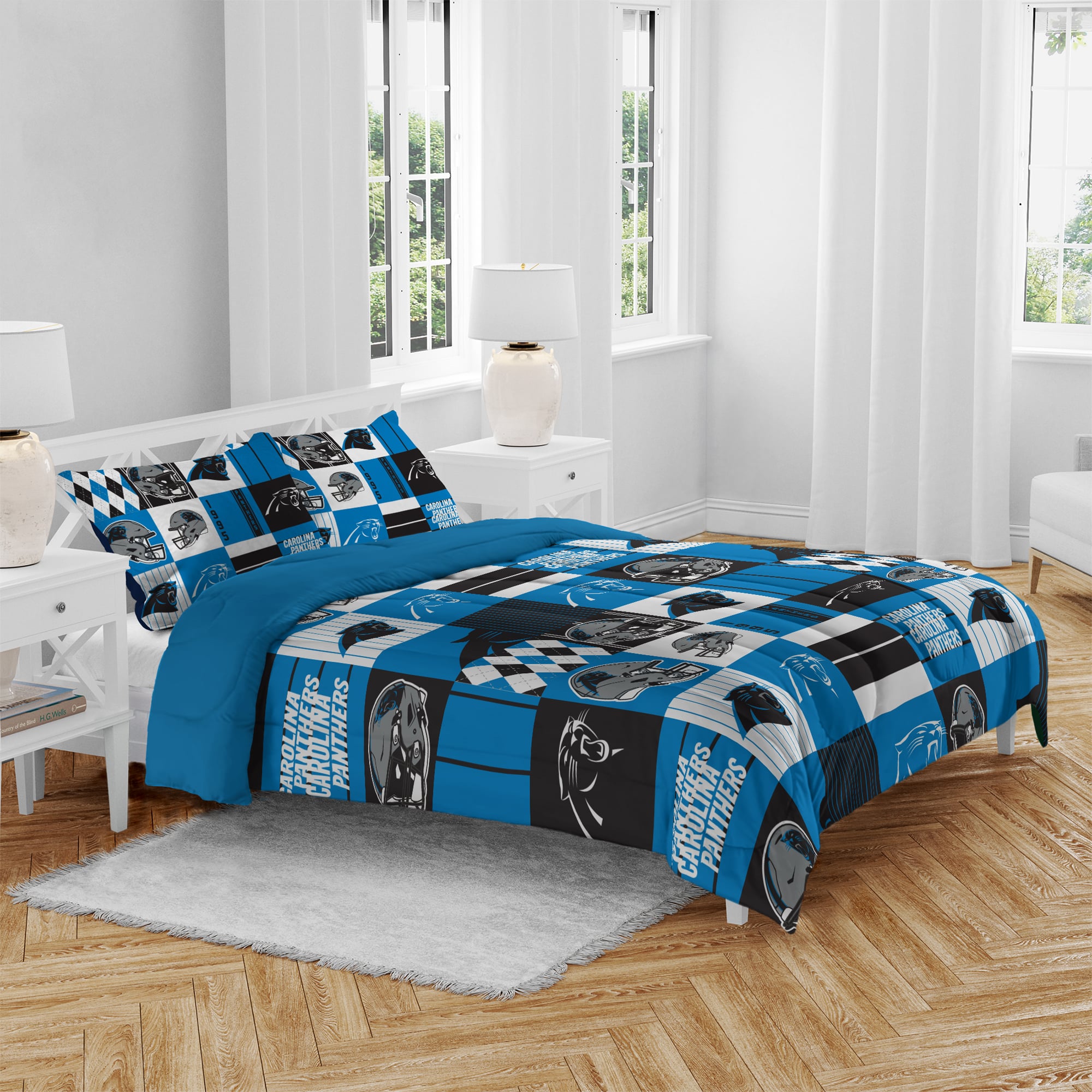Ensemble de literie trois pièces à carreaux patchwork Pegasus Carolina Panthers, format grand/queen.