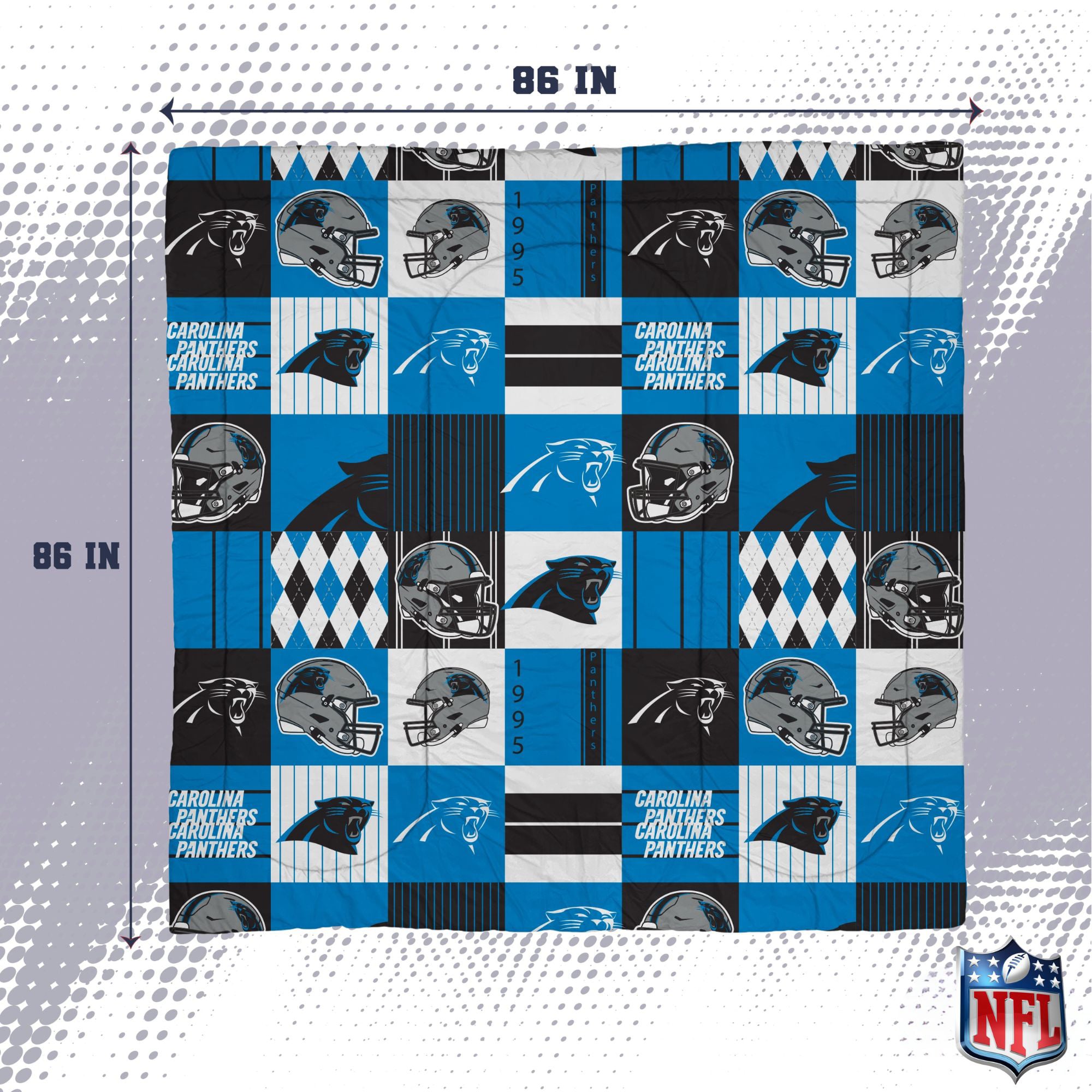 Ensemble de literie trois pièces à carreaux patchwork Pegasus Carolina Panthers, format grand/queen.