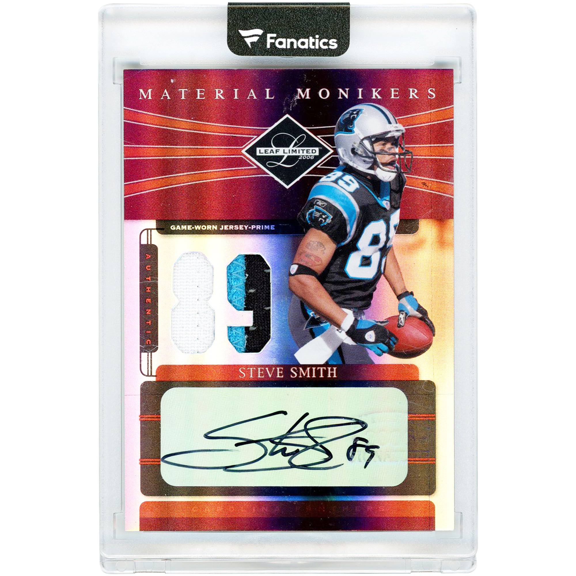 Steve Smith Carolina Panthers Autographed 2006 Leaf Limited Dual Multi Color Game Used Relics #MM-37 #6/10 Card