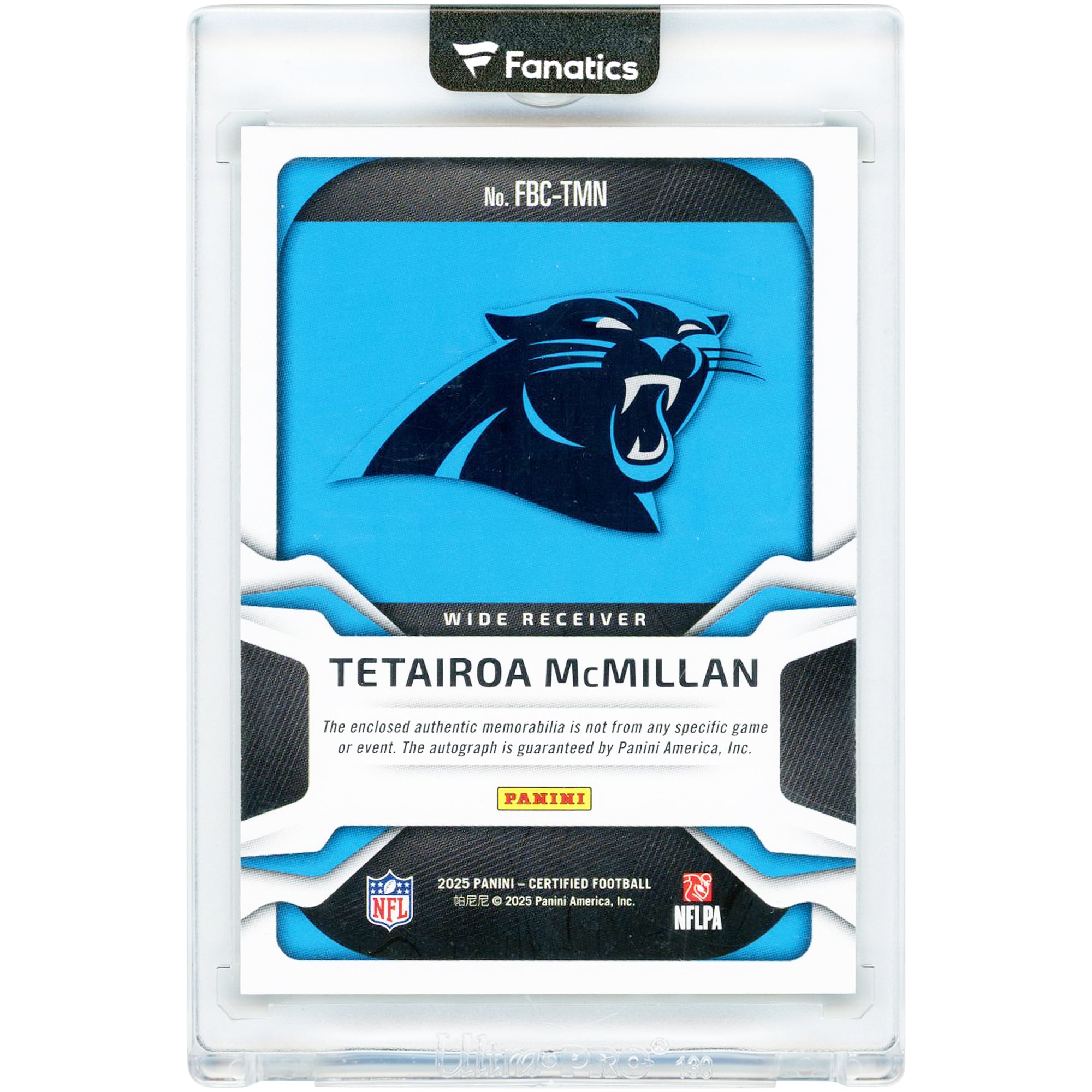 Carte de recrue autographiée de Tetairoa McMillan, Panthers de la Caroline, 2025, certifiée Panini, relique double couleur verte #FBC-TMN #25/25