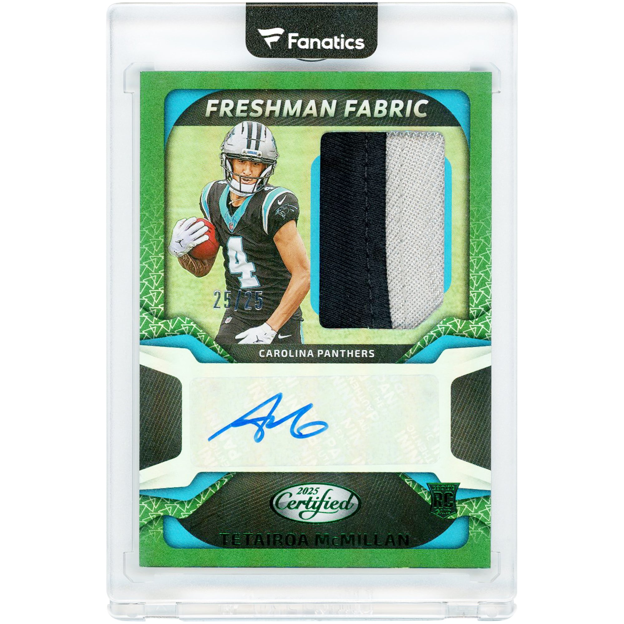 Tetairoa McMillan Carolina Panthers Autographed 2025 Panini Certified Dual-Color Relic Green #FBC-TMN #25/25 Rookie Card