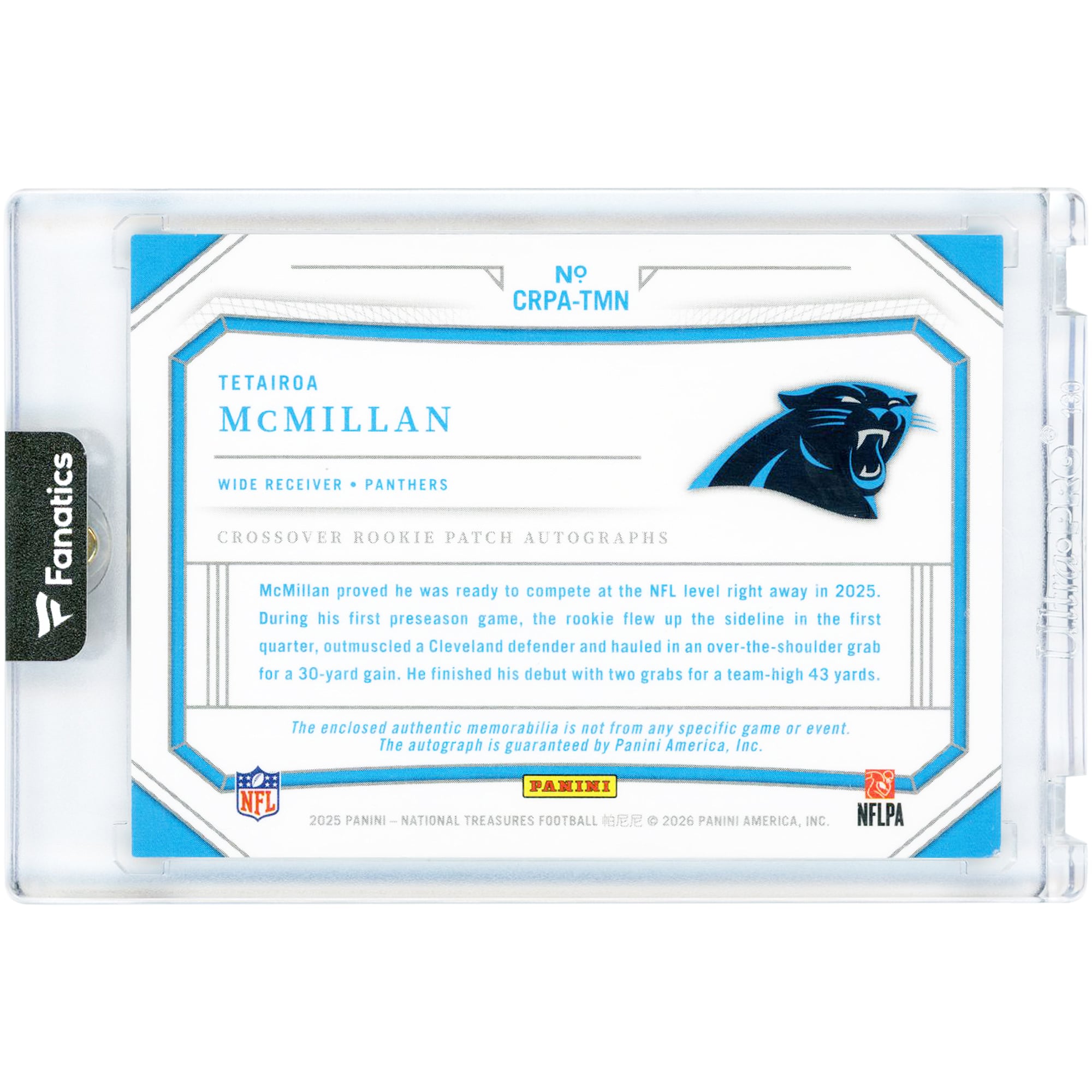 Carte de recrue autographiée de Tetairoa McMillan, Panthers de la Caroline, collection Panini National Treasures Tri-Color Relic 2025 #CRPA-TMN #97/99