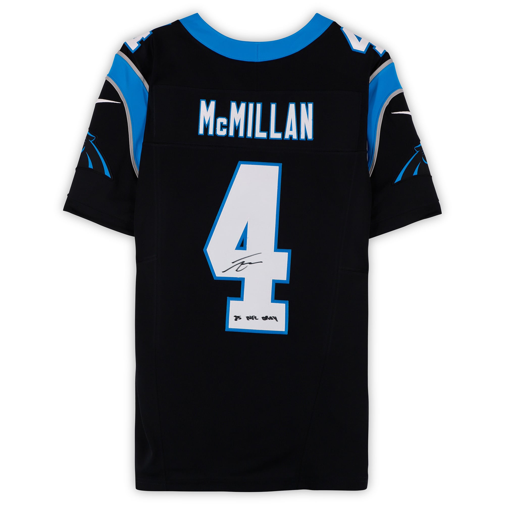 Maillot Nike Vapor F.U.S.E. noir en édition limitée, autographié par Tetairoa McMillan des Panthers de la Caroline, avec inscription « 25 NFL OROY ».