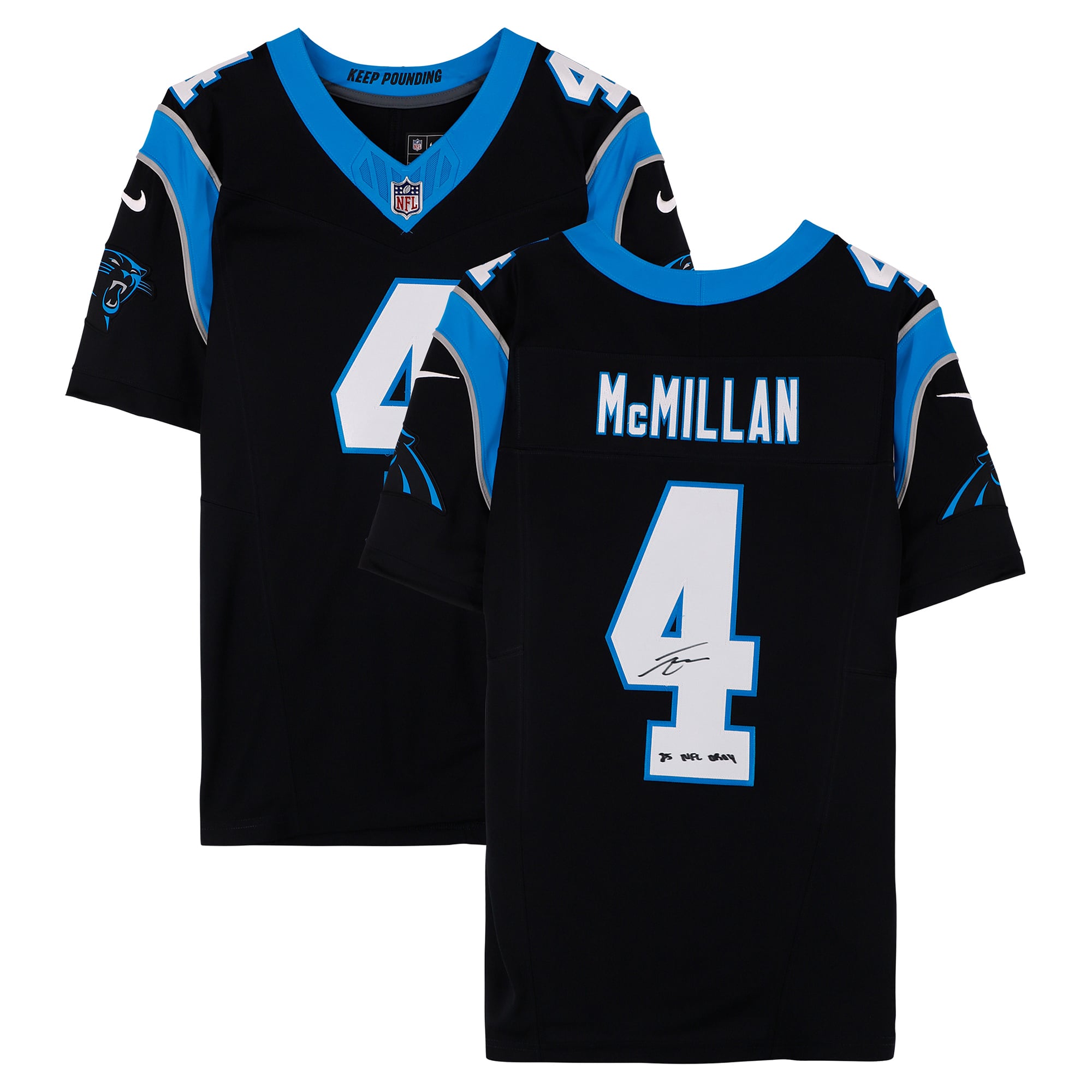 Maillot Nike Vapor F.U.S.E. noir en édition limitée, autographié par Tetairoa McMillan des Panthers de la Caroline, avec inscription « 25 NFL OROY ».