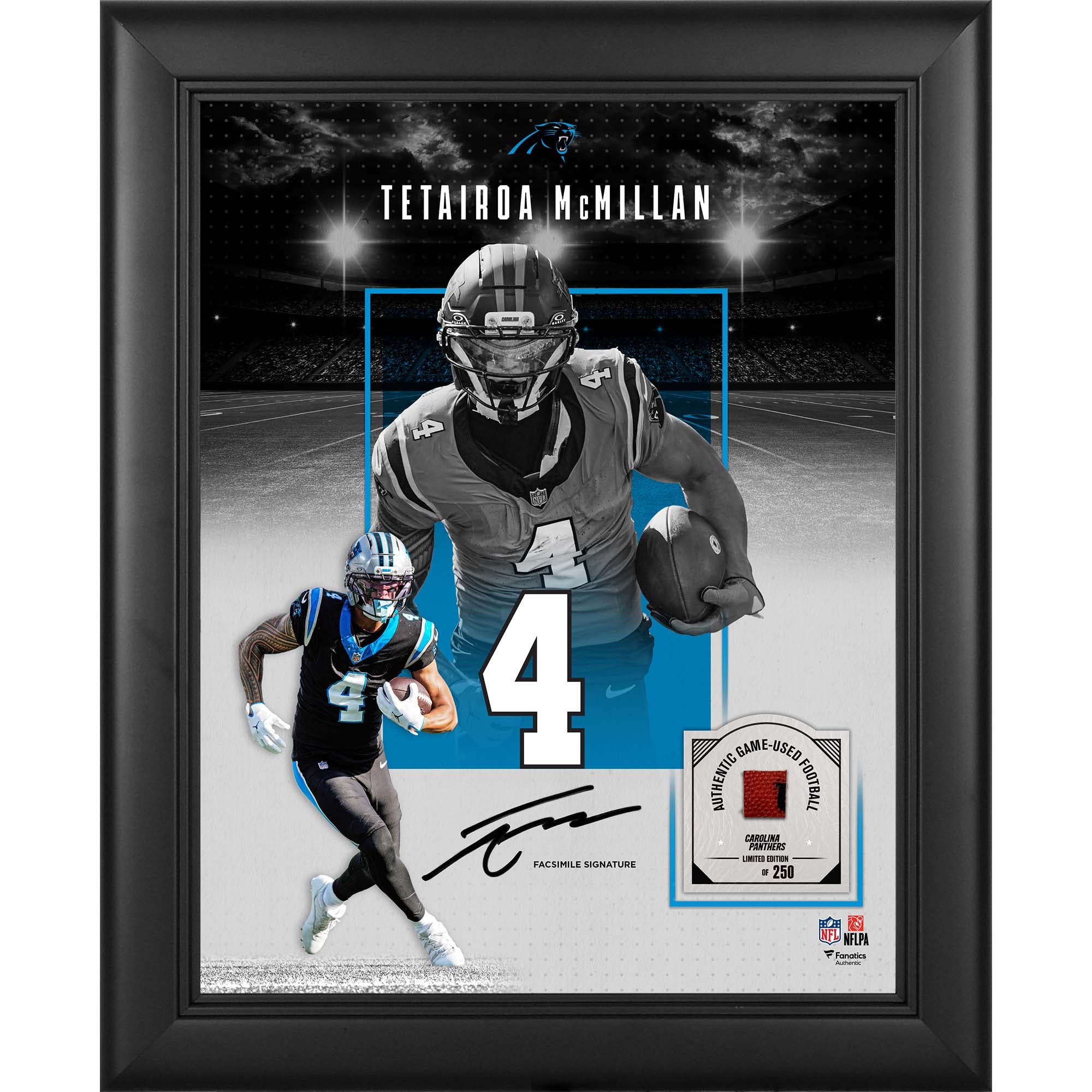 Collage encadré 11" x 14" avec la signature fac-similé de Tetairoa McMillan (Carolina Panthers) et un morceau de ballon de football américain utilisé en match - Édition limitée à 250 exemplaires