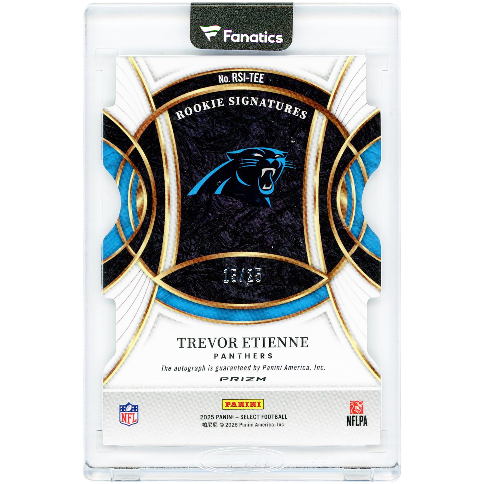 Trevor Etienne Carolina Panthers Autographed 2025 Panini Select Rookie Signatures Tie-Dye Prizm #RSI-TEE #15/25 Rookie Card