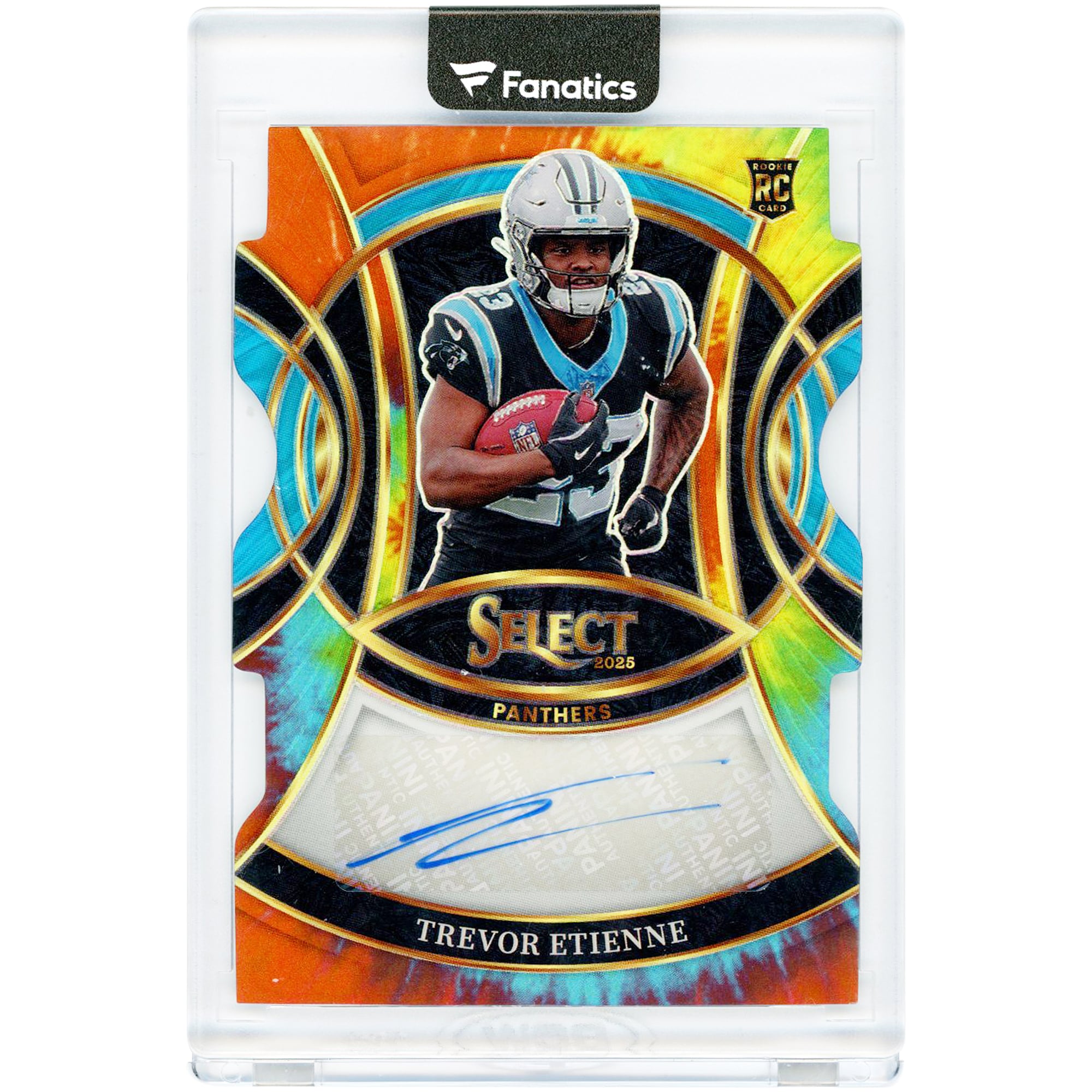 Trevor Etienne Carolina Panthers Autographed 2025 Panini Select Rookie Signatures Tie-Dye Prizm #RSI-TEE #15/25 Rookie Card