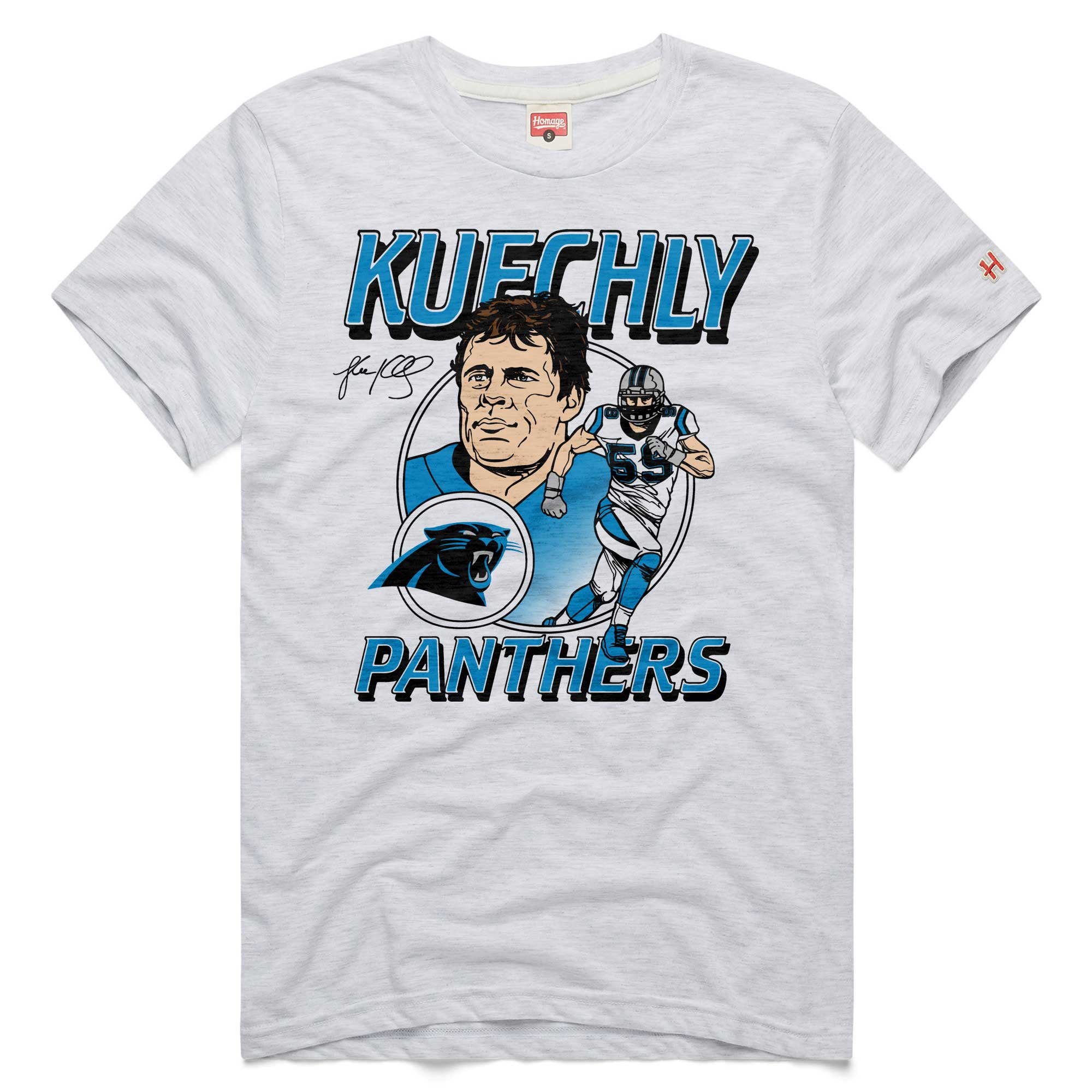 T-shirt unisexe Hommage à Luke Kuechly, Carolina Panthers, illustration classique, en mélange de trois matières.