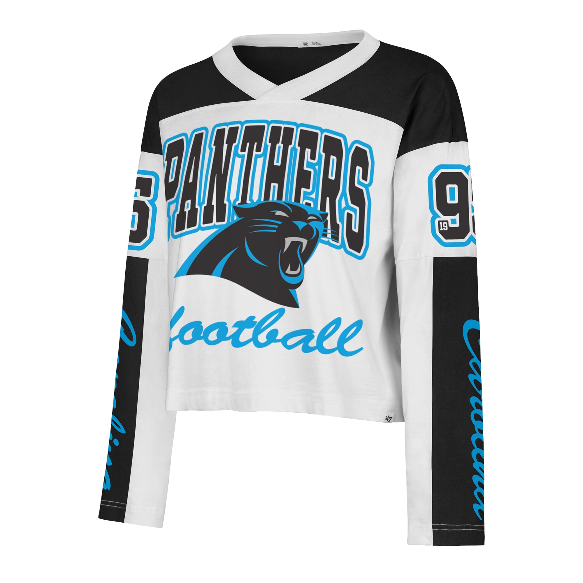 T-shirt à manches longues et col en V blanc Carolina Panthers pour femme, modèle '47.