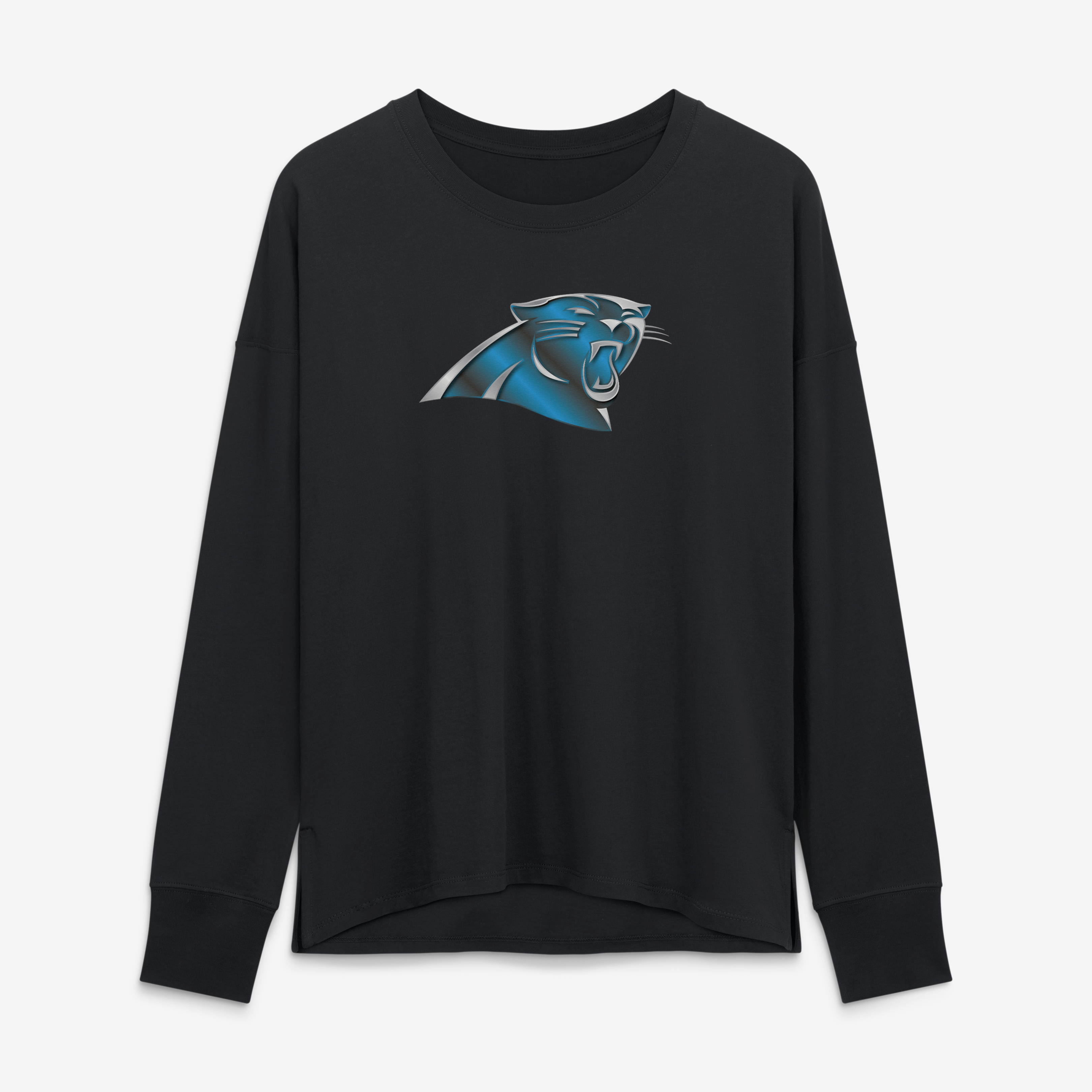 T-shirt à manches longues noir pour femmes avec mascotte métallique des Panthers de la Caroline