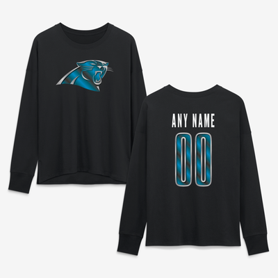 Carolina Panthers Women's Metallic Mascot Personalized Name & Number Long Sleeve T-Shirt - Black