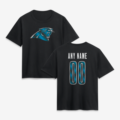 Carolina Panthers Women's Metallic Mascot Personalized Name & Number T-Shirt - Black