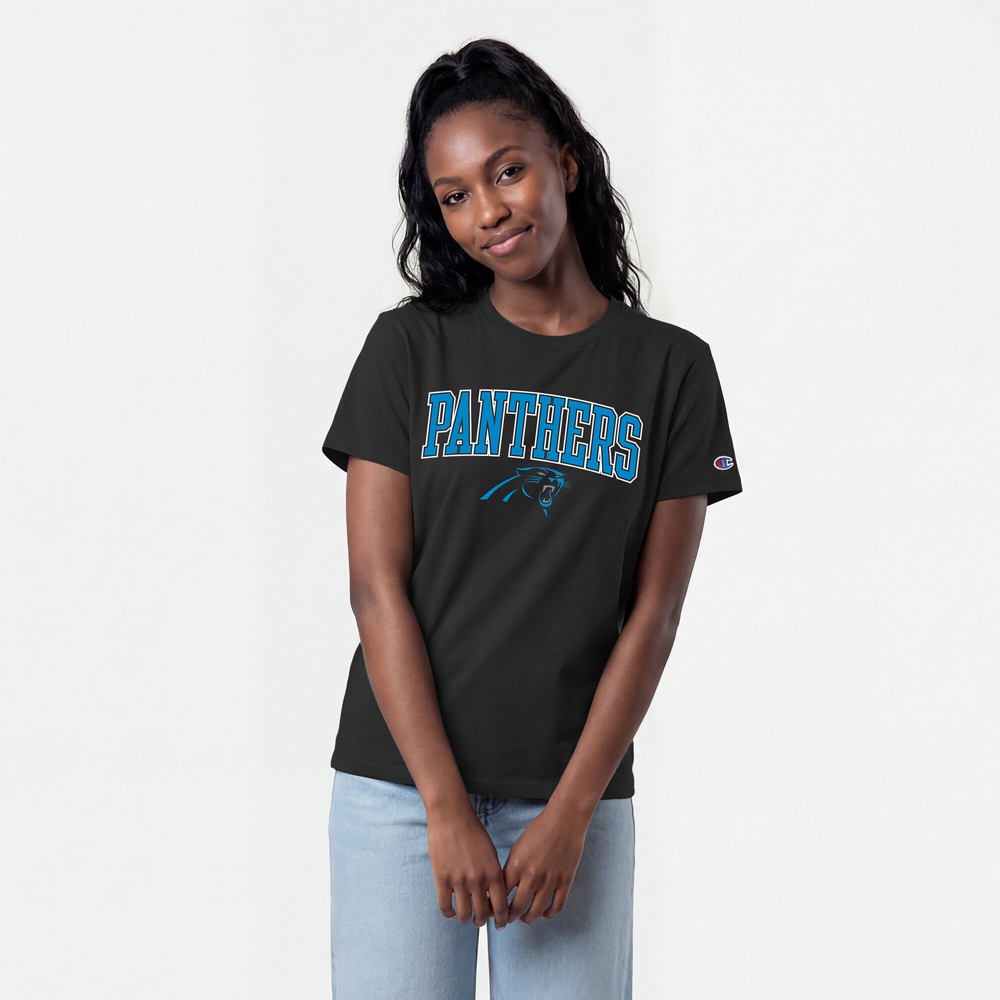 T-shirt féminin Champion Black Carolina Panthers avec logo arqué