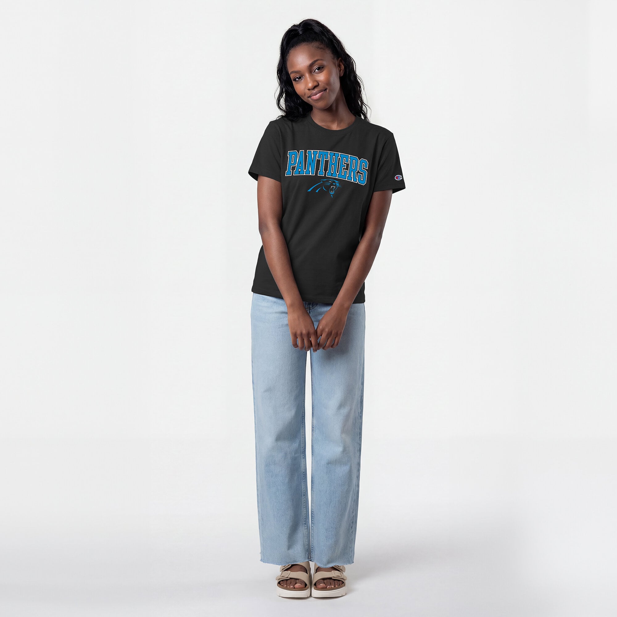 T-shirt féminin Champion Black Carolina Panthers avec logo arqué