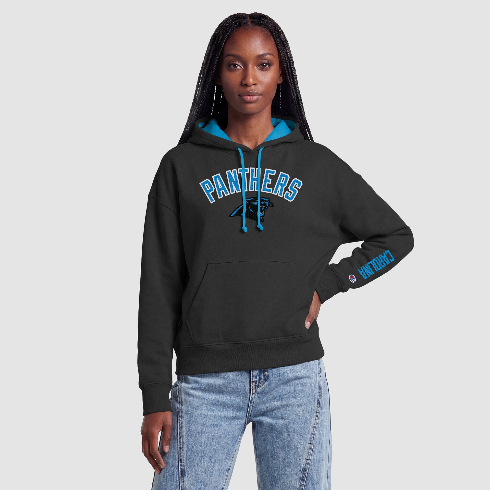 Sweat à capuche Champion noir et bleu Carolina Panthers pour femme avec doublure contrastée