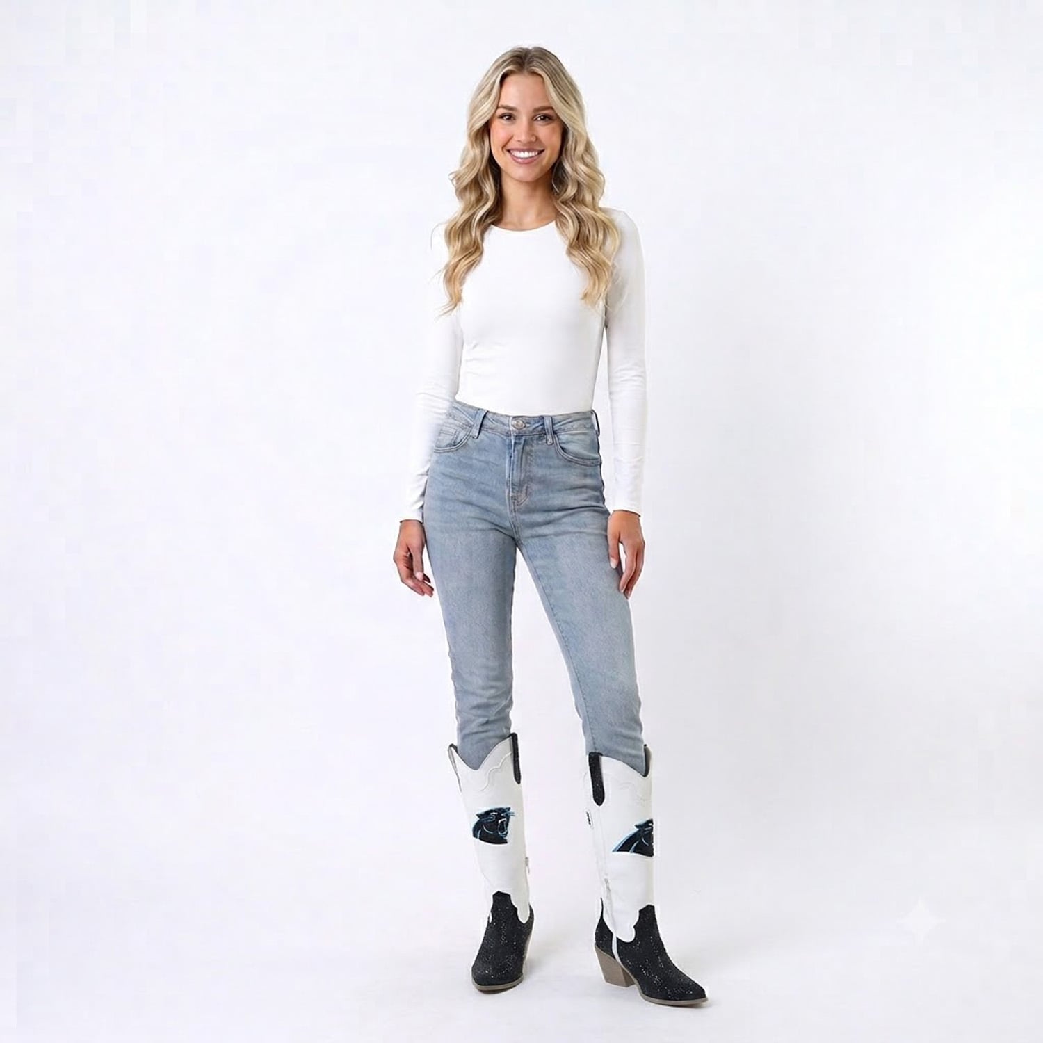 Bottes de cowboy blanches FABGATING by Cuce Carolina Panthers Crystal pour femmes