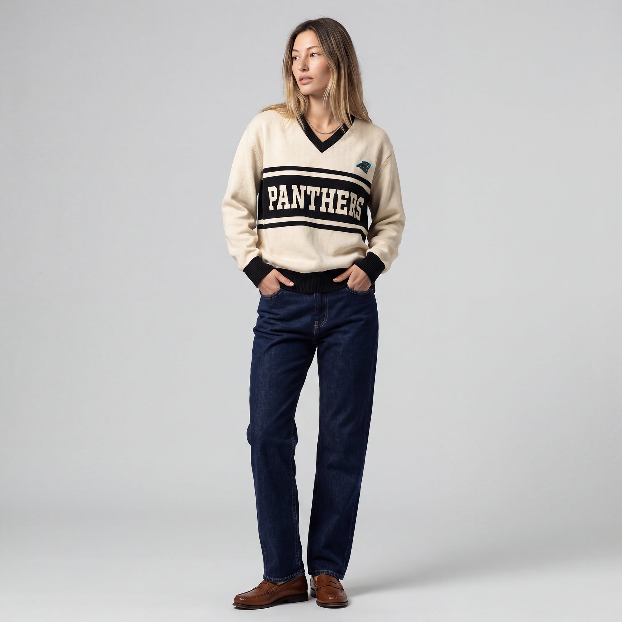 Women's Mitchell & Ness Cream/Black Carolina Panthers Retro Roots V-Neck Sweater