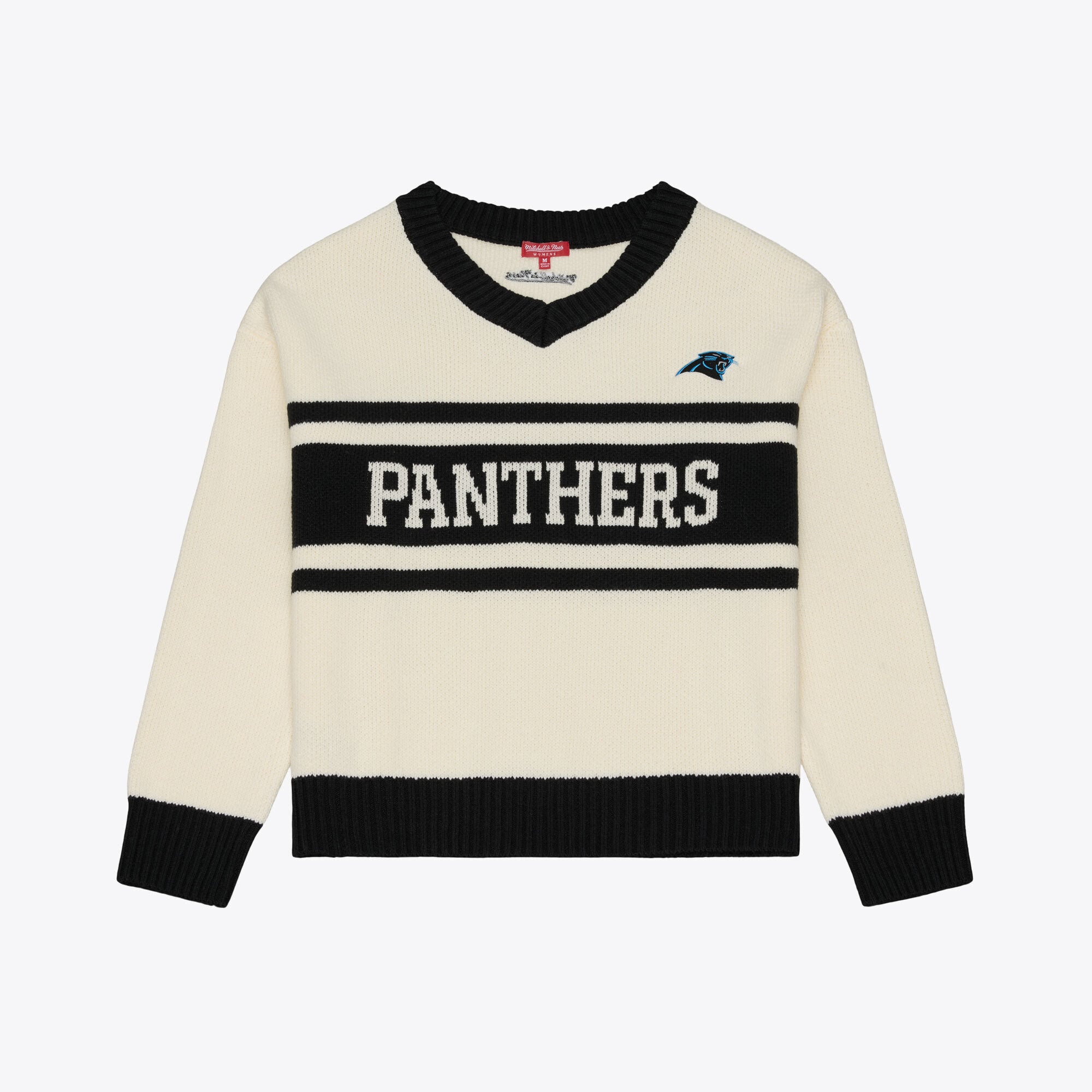 Women's Mitchell & Ness Cream/Black Carolina Panthers Retro Roots V-Neck Sweater